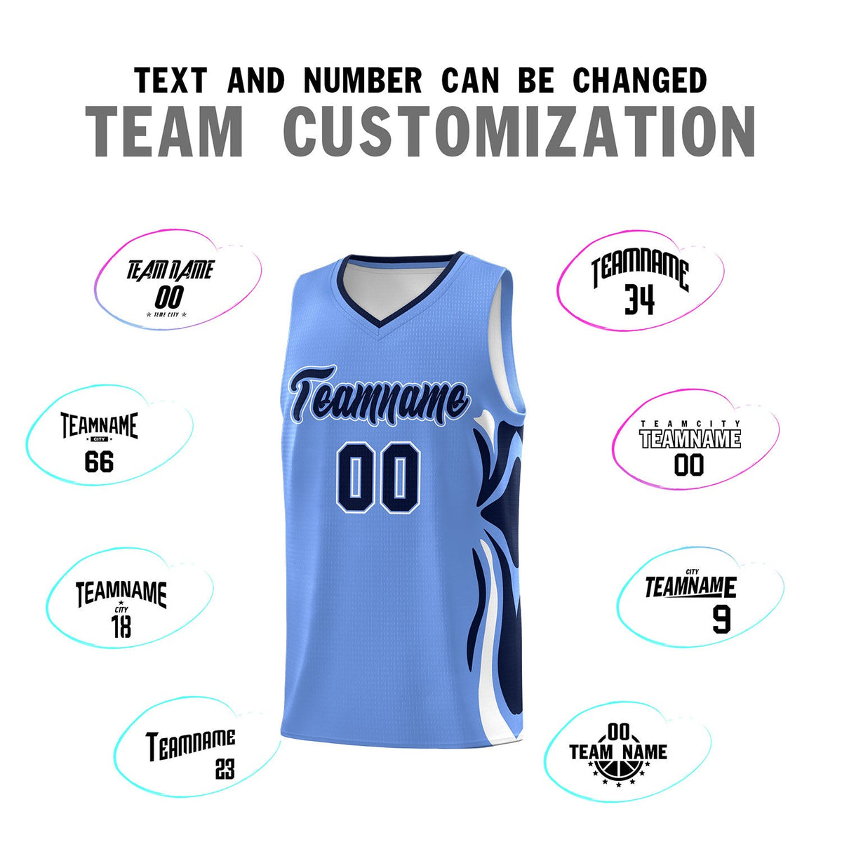 Custom Light Blue Navy-White Graffiti Pattern Side Curve Pattern Sports Uniform Basketball Jersey Sets