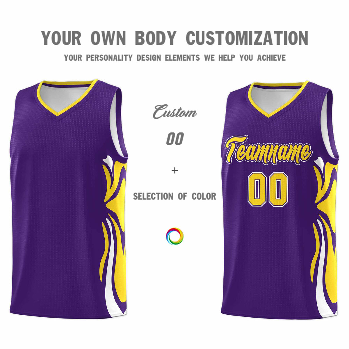 Custom Purple Gold-White Graffiti Pattern Side Curve Pattern Sports Uniform Basketball Jersey Sets