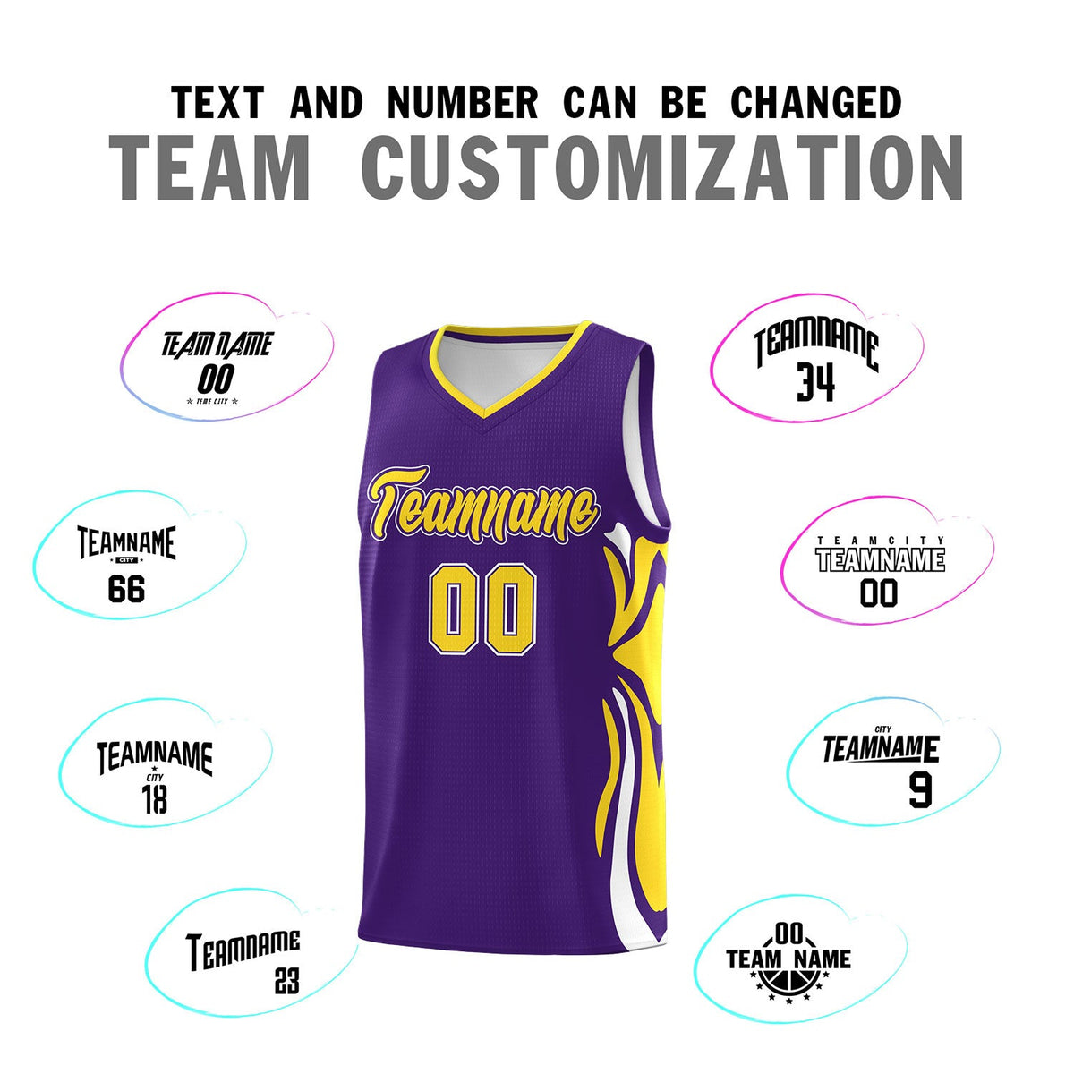 Custom Purple Gold-White Graffiti Pattern Side Curve Pattern Sports Uniform Basketball Jersey Sets