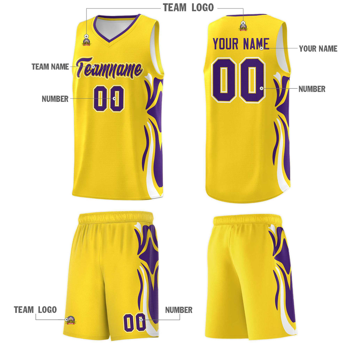 Custom Gold Purple-White Graffiti Pattern Side Curve Pattern Sports Uniform Basketball Jersey Sets