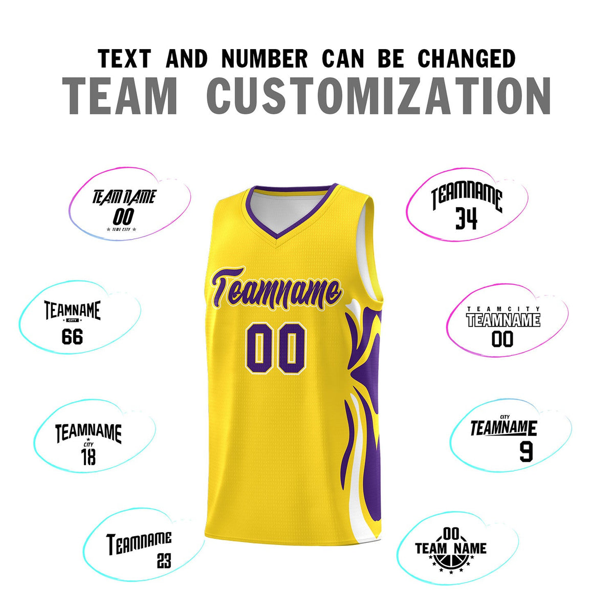Custom Gold Purple-White Graffiti Pattern Side Curve Pattern Sports Uniform Basketball Jersey Sets