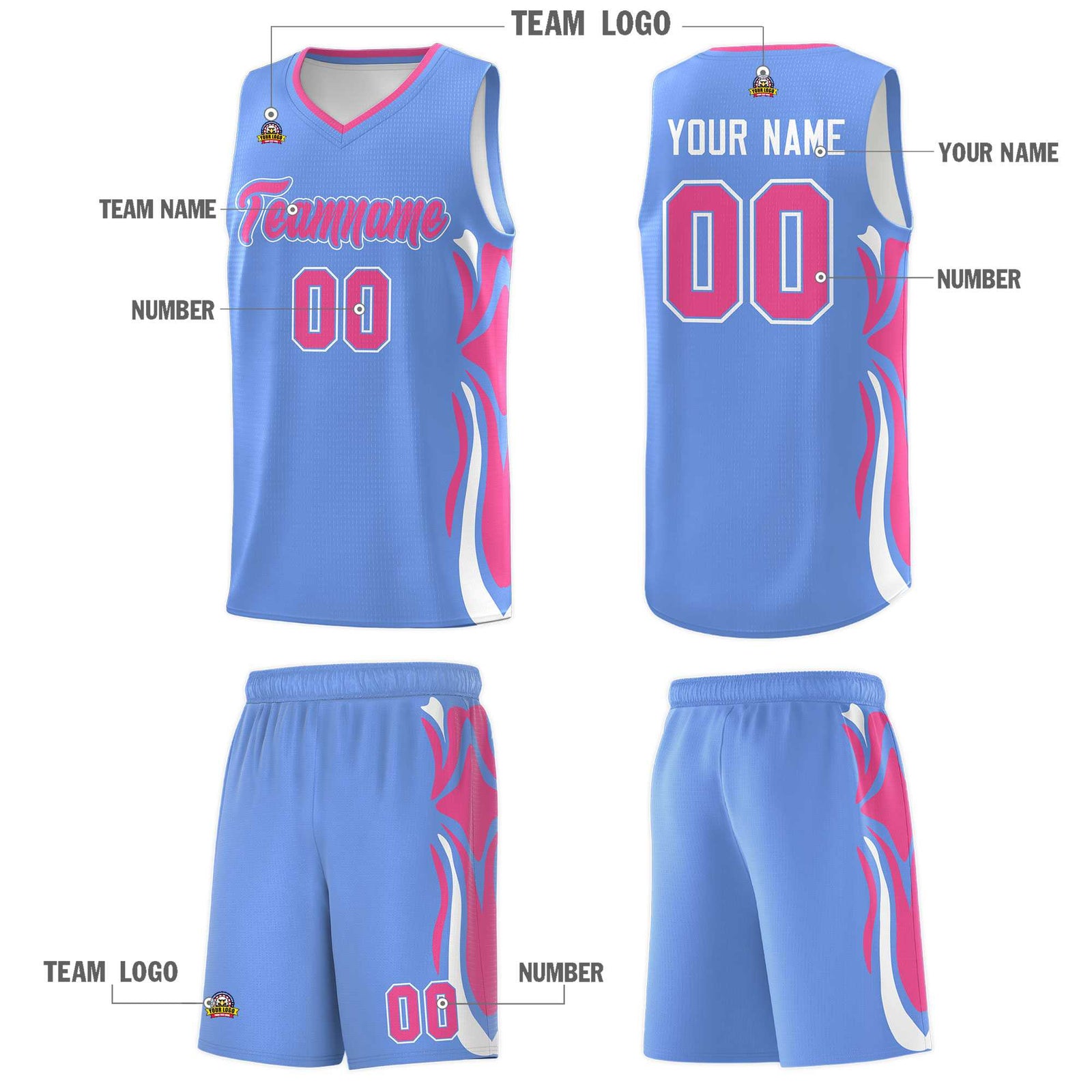 Custom Light Blue Pink-White Graffiti Pattern Side Curve Pattern Sports Uniform Basketball Jersey Sets