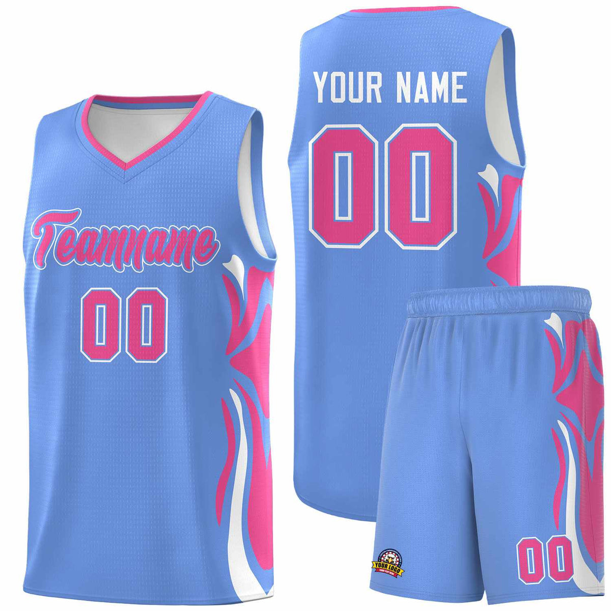 Custom Light Blue Pink-White Graffiti Pattern Side Curve Pattern Sports Uniform Basketball Jersey Sets