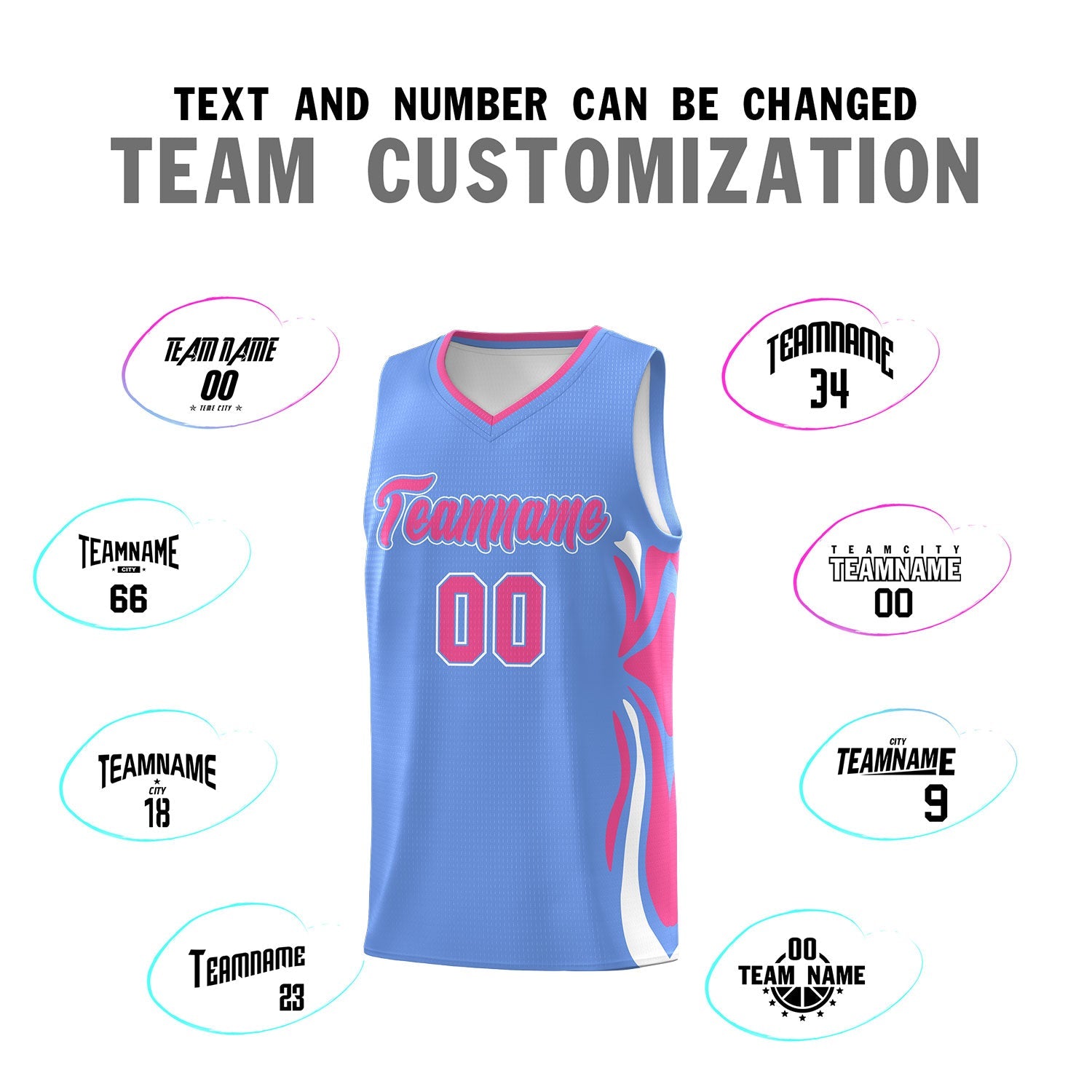 Custom Light Blue Pink-White Graffiti Pattern Side Curve Pattern Sports Uniform Basketball Jersey Sets