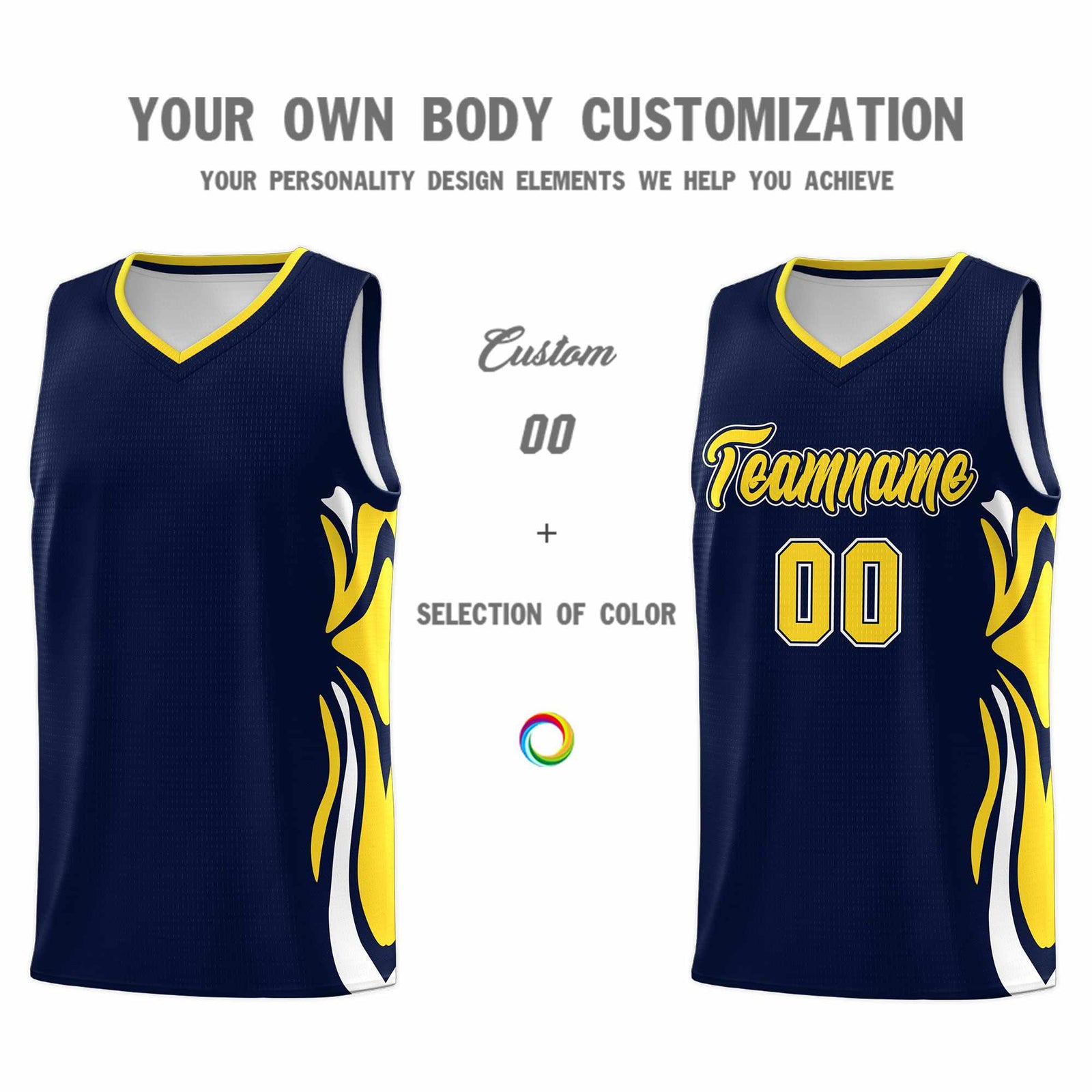 Custom Navy Gold-White Graffiti Pattern Side Curve Pattern Sports Uniform Basketball Jersey Sets