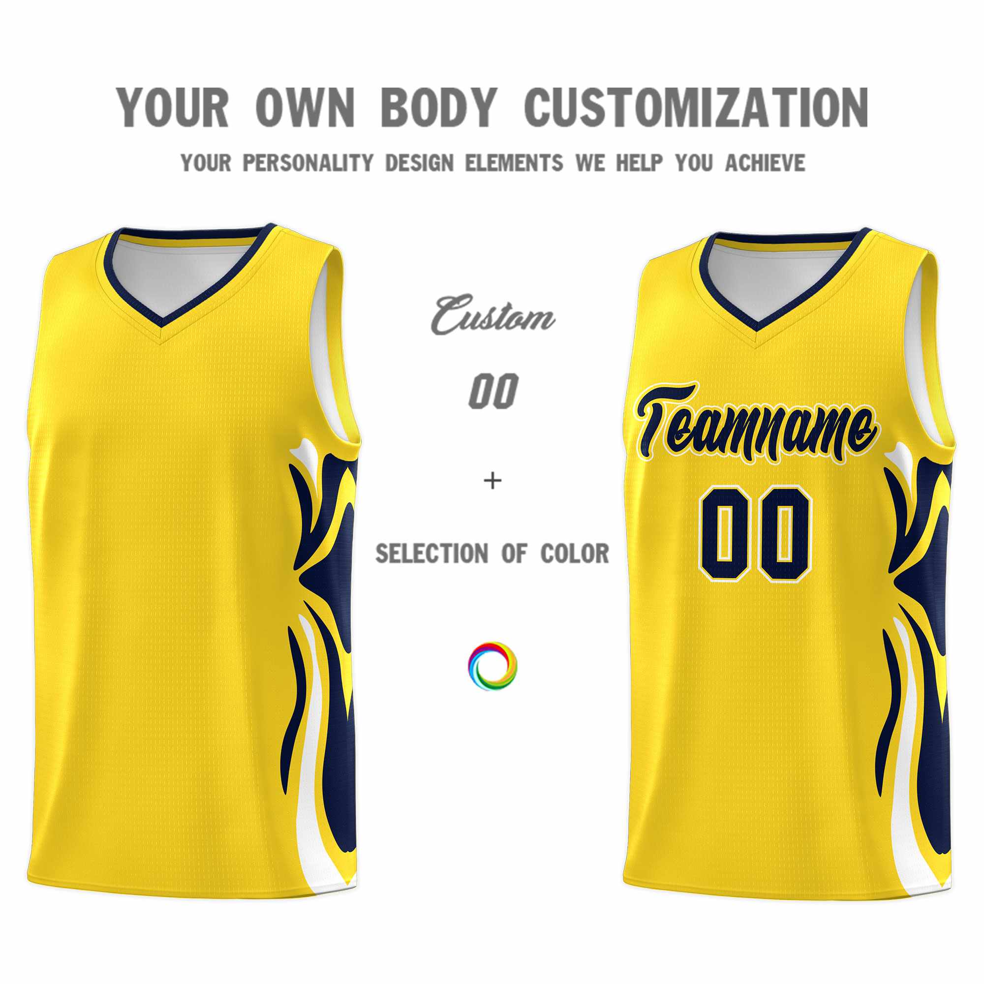 Custom Gold Navy-White Graffiti Pattern Side Curve Pattern Sports Uniform Basketball Jersey Sets