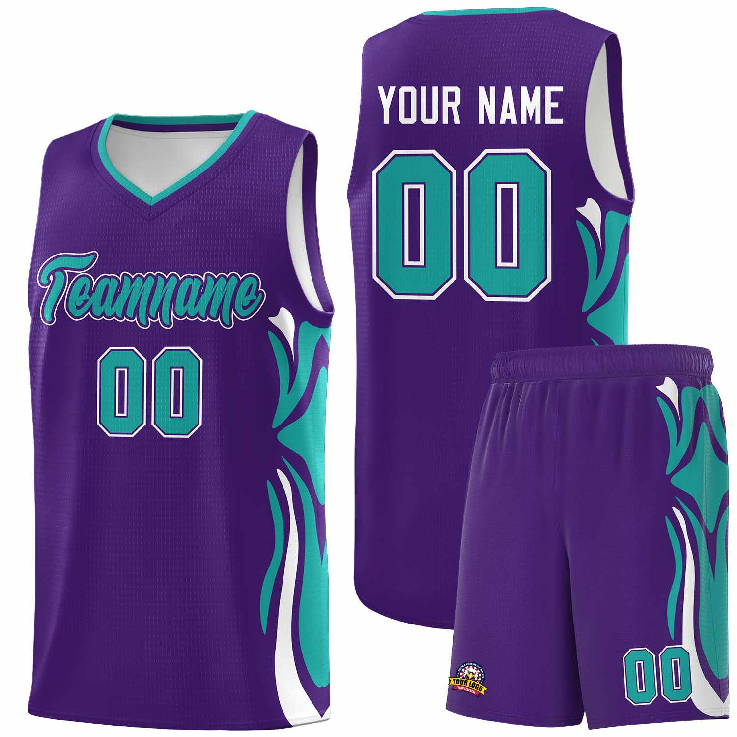 Custom Purple Aqua-White Graffiti Pattern Side Curve Pattern Sports Uniform Basketball Jersey Sets