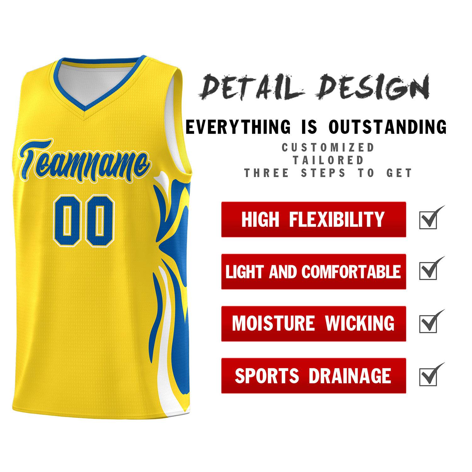 Custom Gold Royal-White Graffiti Pattern Side Curve Pattern Sports Uniform Basketball Jersey Sets