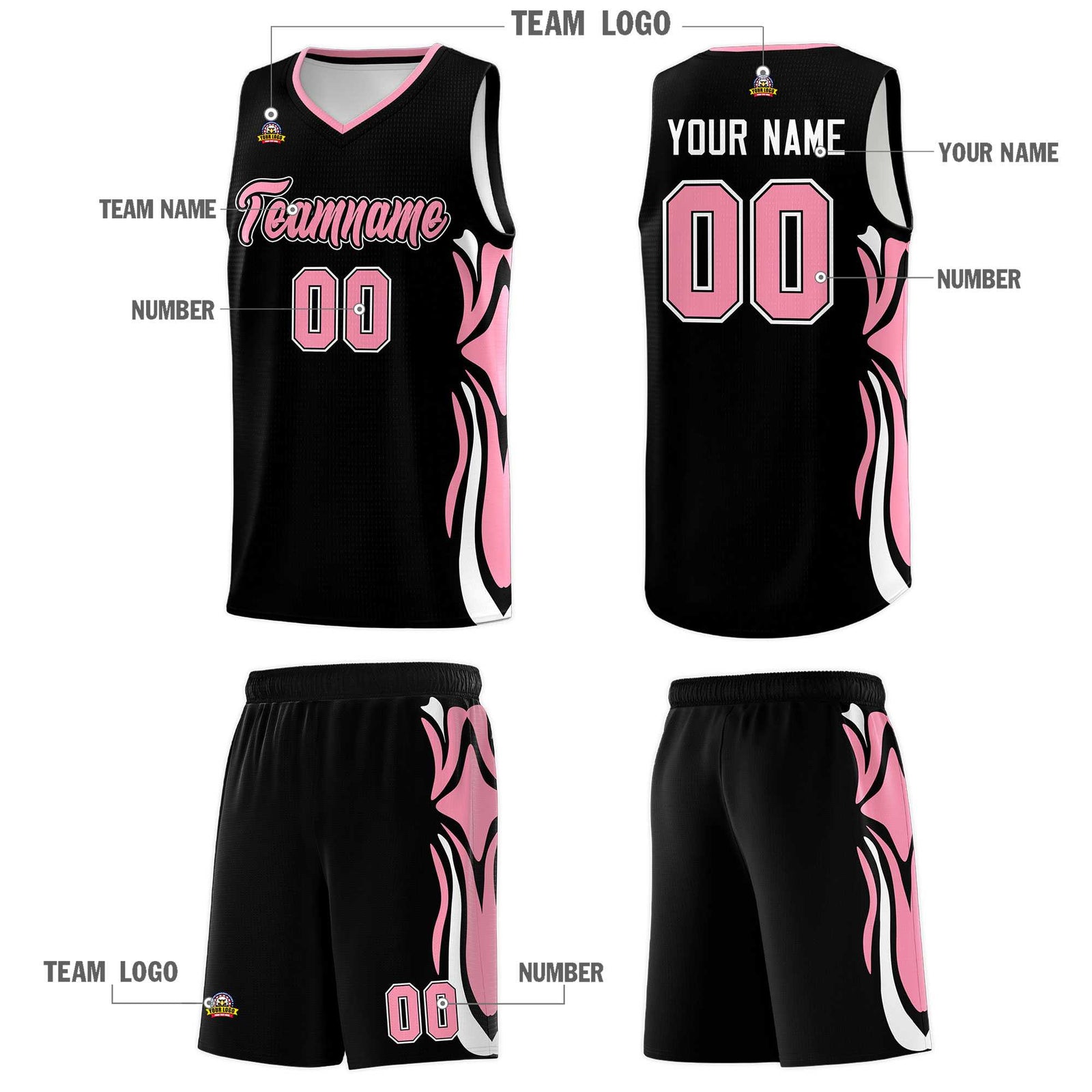 Custom Black Light Pink-White Graffiti Pattern Side Curve Pattern Sports Uniform Basketball Jersey Sets
