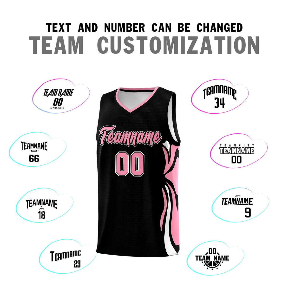 Custom Black Light Pink-White Graffiti Pattern Side Curve Pattern Sports Uniform Basketball Jersey Sets