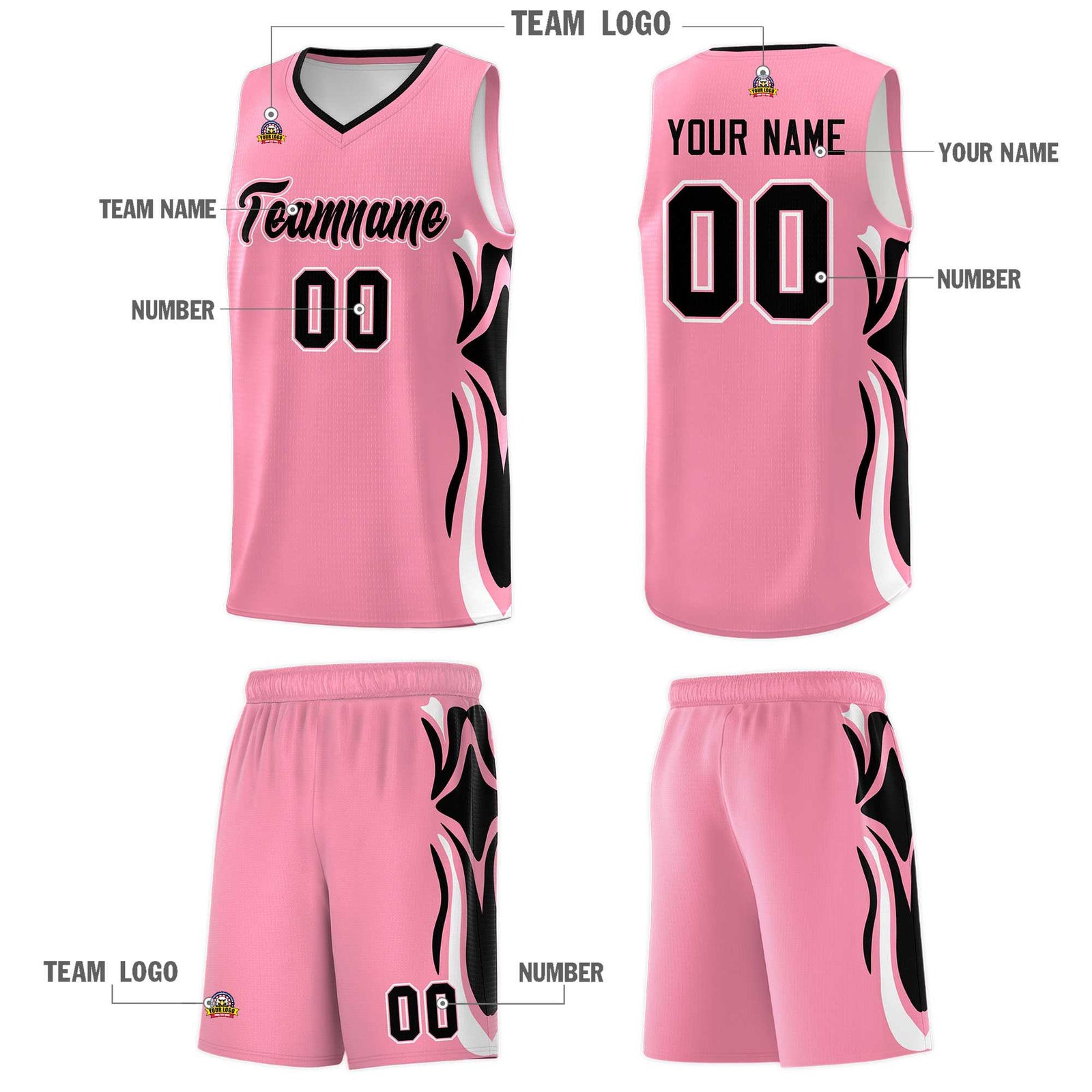 Custom Light Pink Black-White Graffiti Pattern Side Curve Pattern Sports Uniform Basketball Jersey Sets