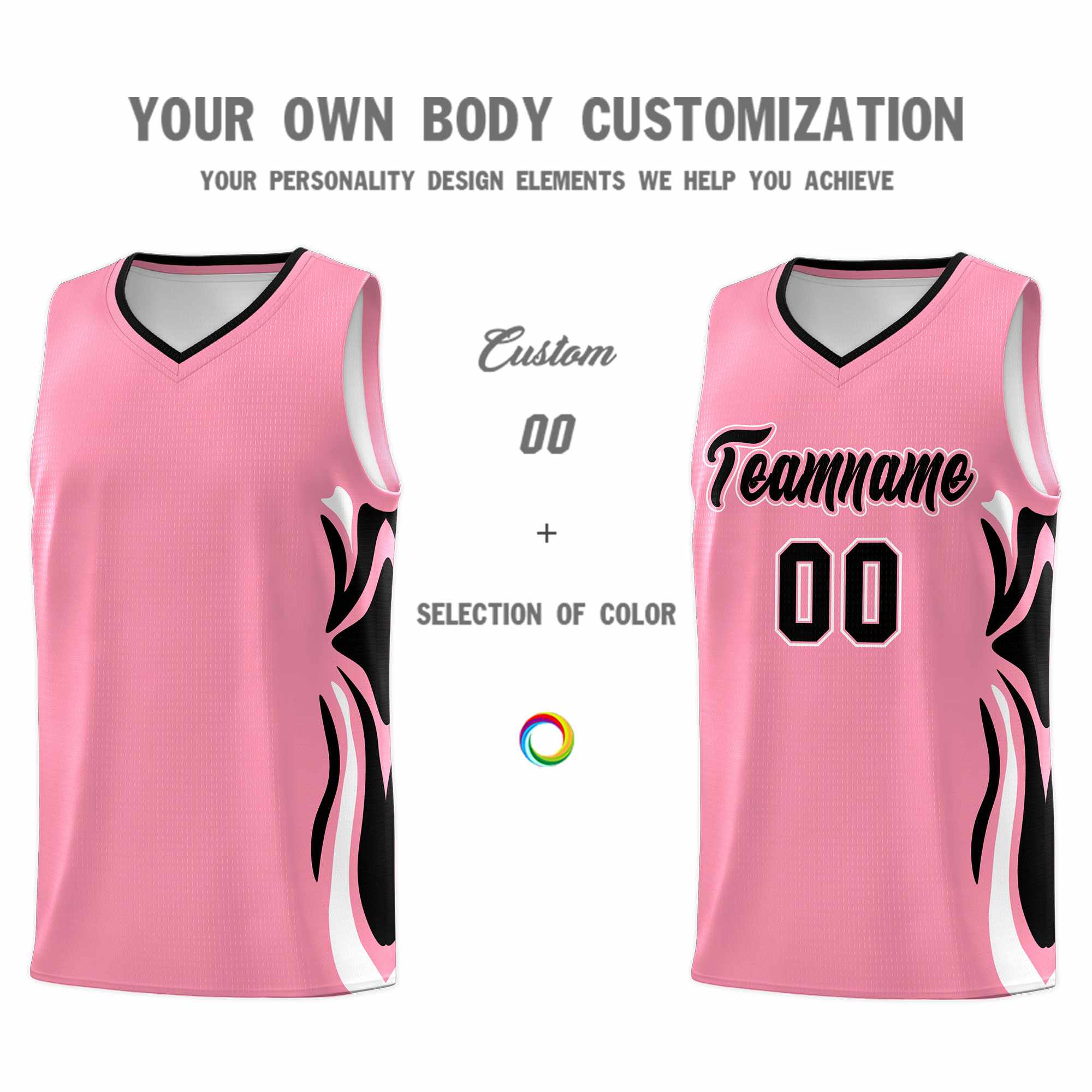 Custom Light Pink Black-White Graffiti Pattern Side Curve Pattern Sports Uniform Basketball Jersey Sets