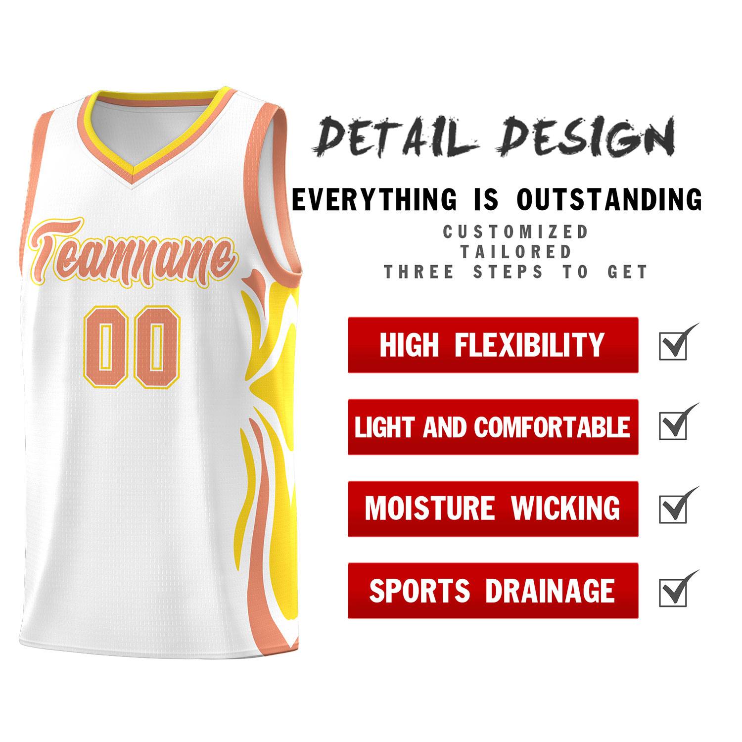 Custom White Light Orange-Gold Graffiti Pattern Side Curve Pattern Sports Uniform Basketball Jersey Sets