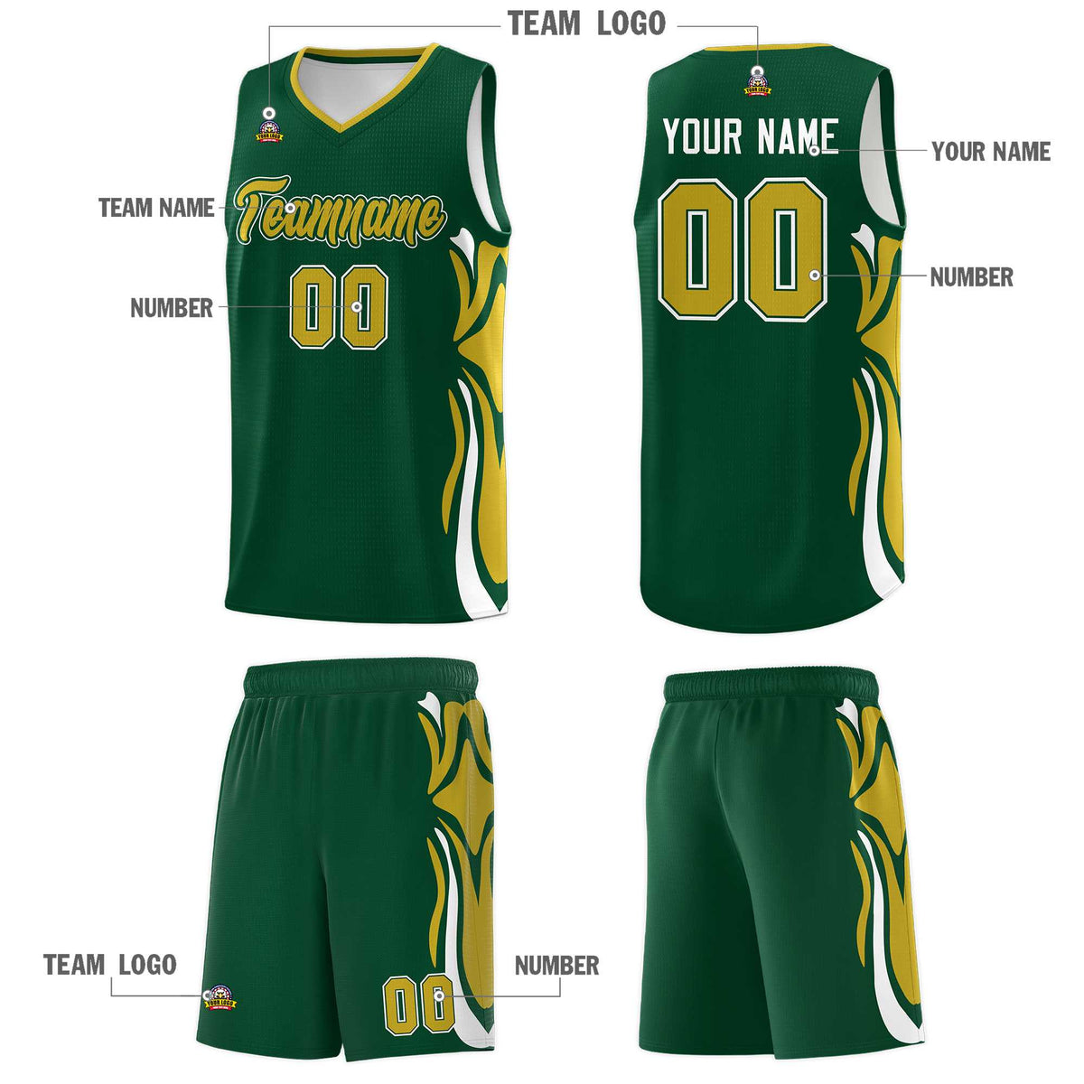 Custom Green Old Gold-White Graffiti Pattern Side Curve Pattern Sports Uniform Basketball Jersey Sets
