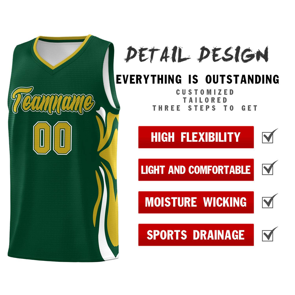 Custom Green Old Gold-White Graffiti Pattern Side Curve Pattern Sports Uniform Basketball Jersey Sets