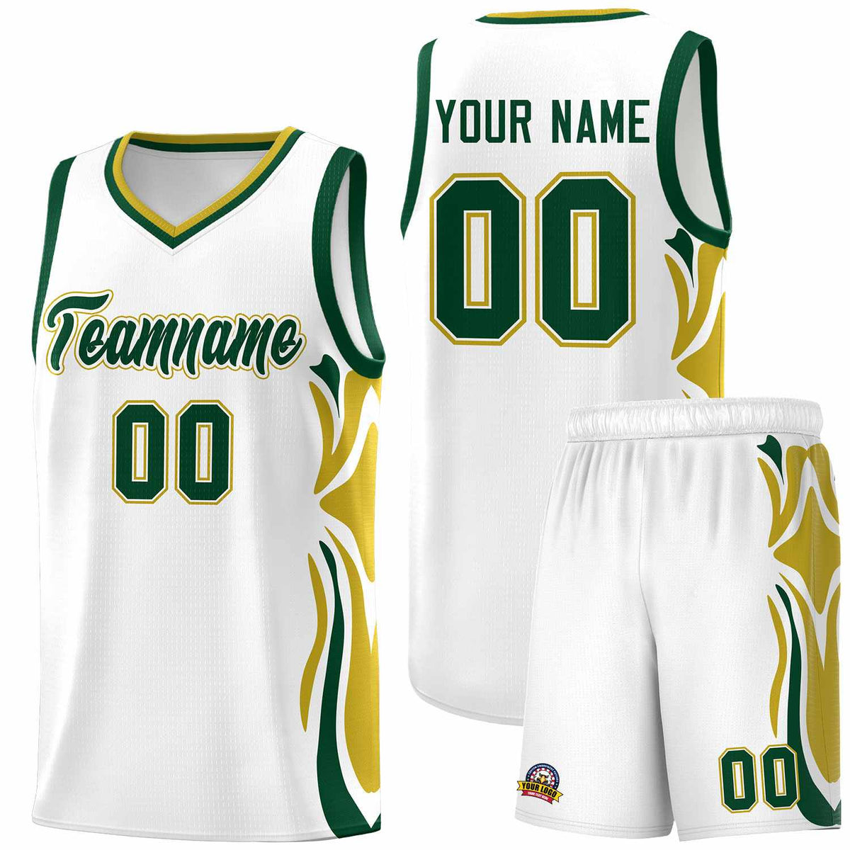 Custom White Green-Old Gold Graffiti Pattern Side Curve Pattern Sports Uniform Basketball Jersey Sets