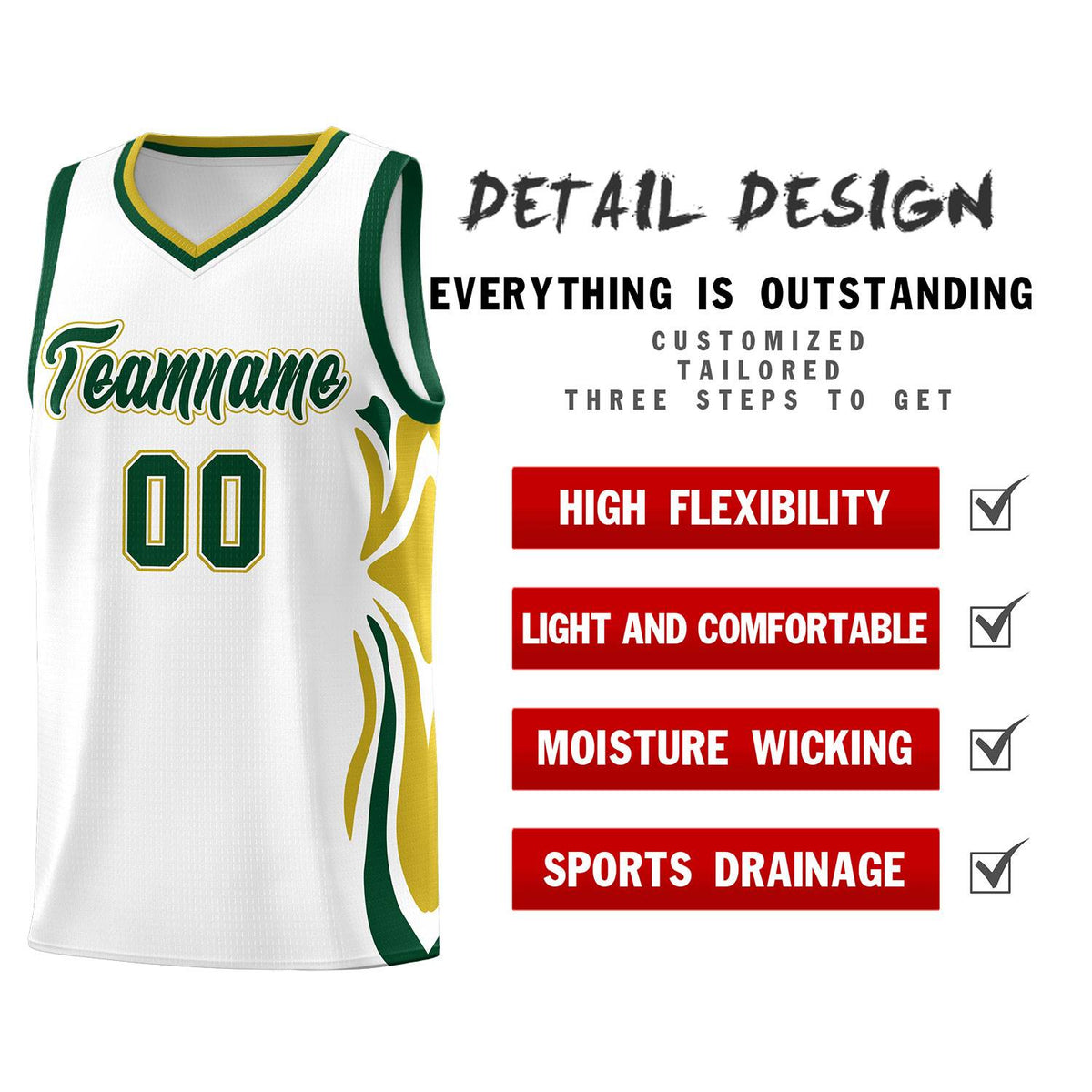Custom White Green-Old Gold Graffiti Pattern Side Curve Pattern Sports Uniform Basketball Jersey Sets