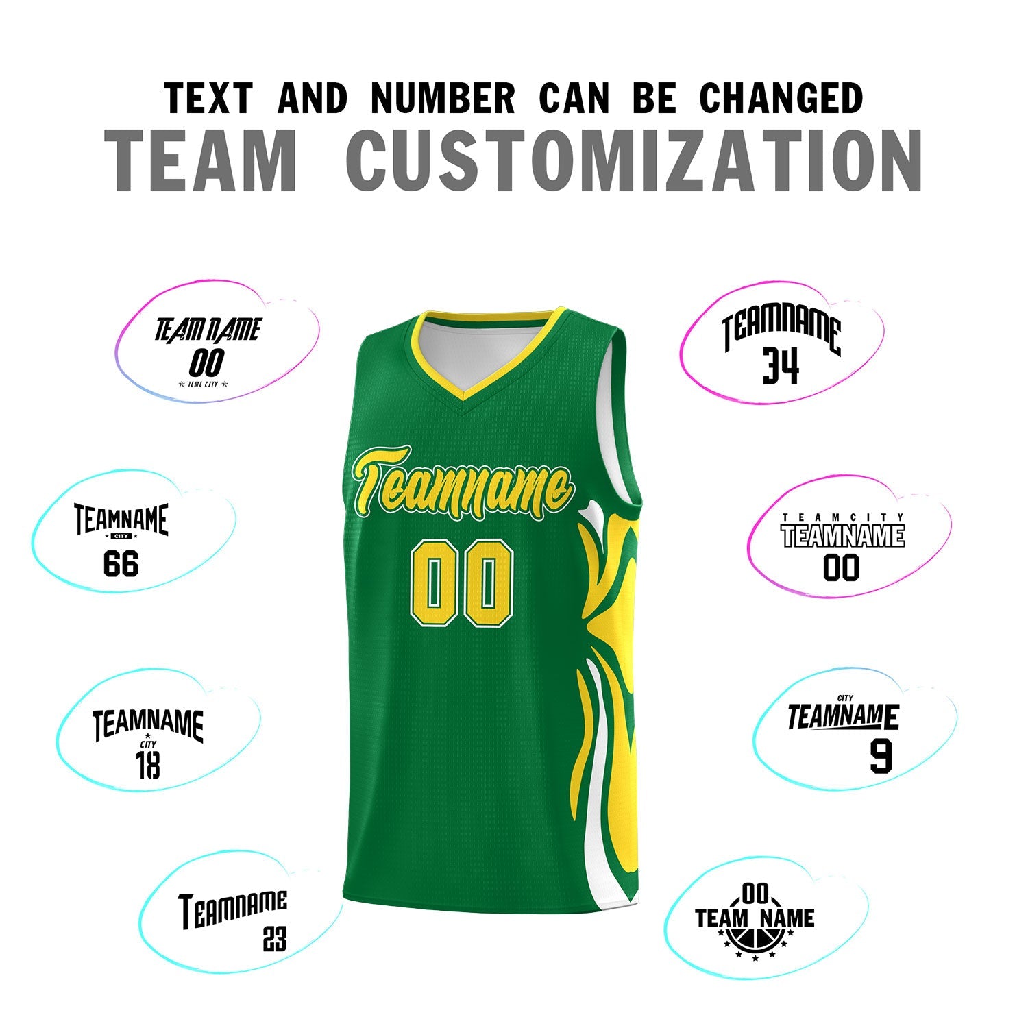 Custom Kelly Green Gold-White Graffiti Pattern Side Curve Pattern Sports Uniform Basketball Jersey Sets