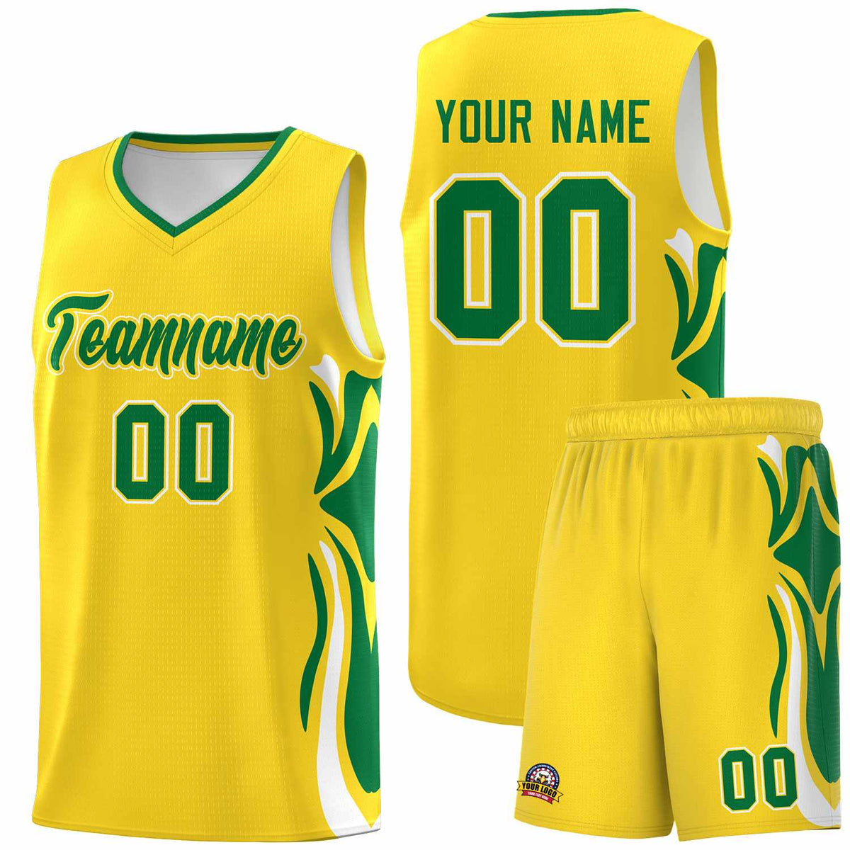 Custom Gold Kelly Green-White Graffiti Pattern Side Curve Pattern Sports Uniform Basketball Jersey Sets