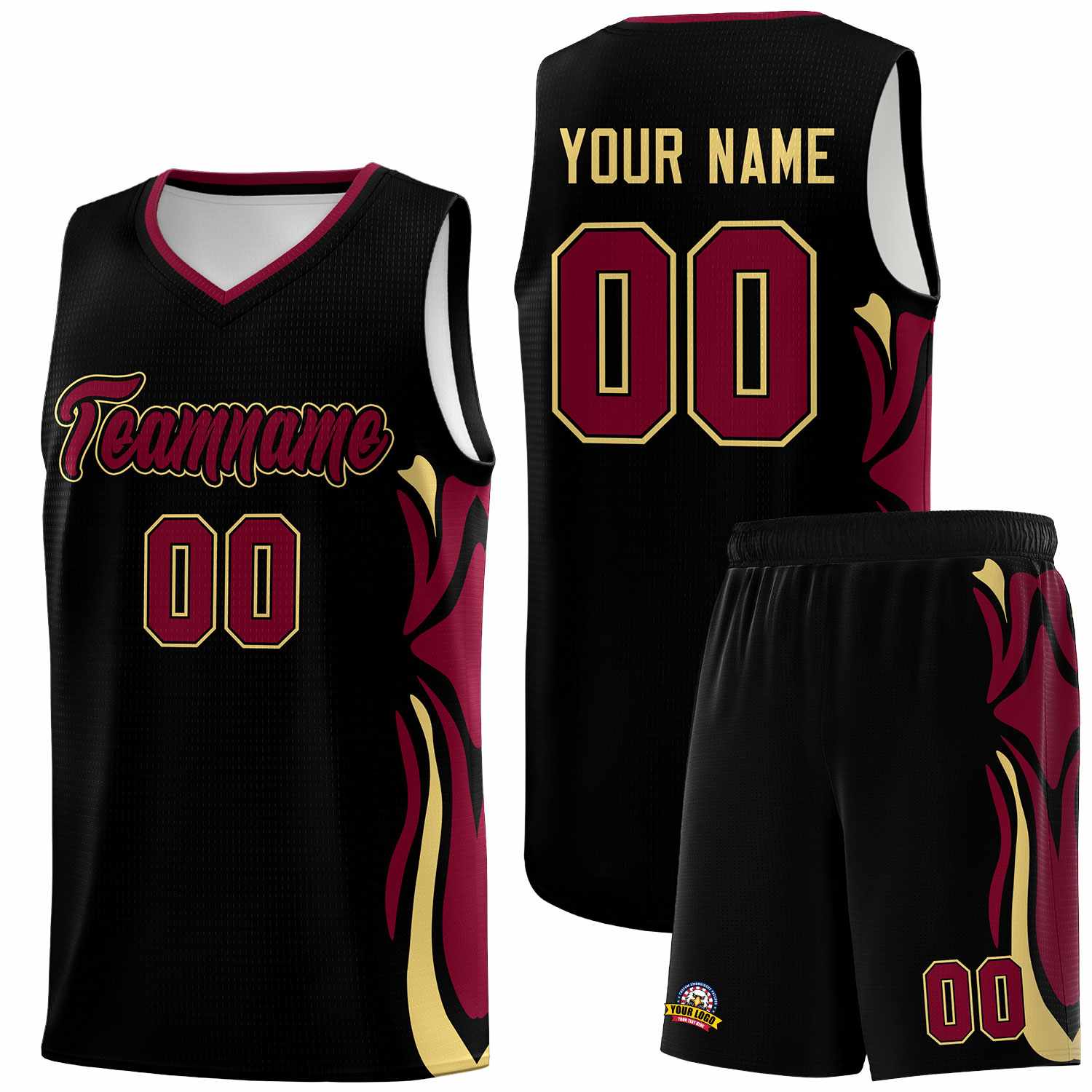 Custom Black Crimson-Khaki Graffiti Pattern Side Curve Pattern Sports Uniform Basketball Jersey Sets