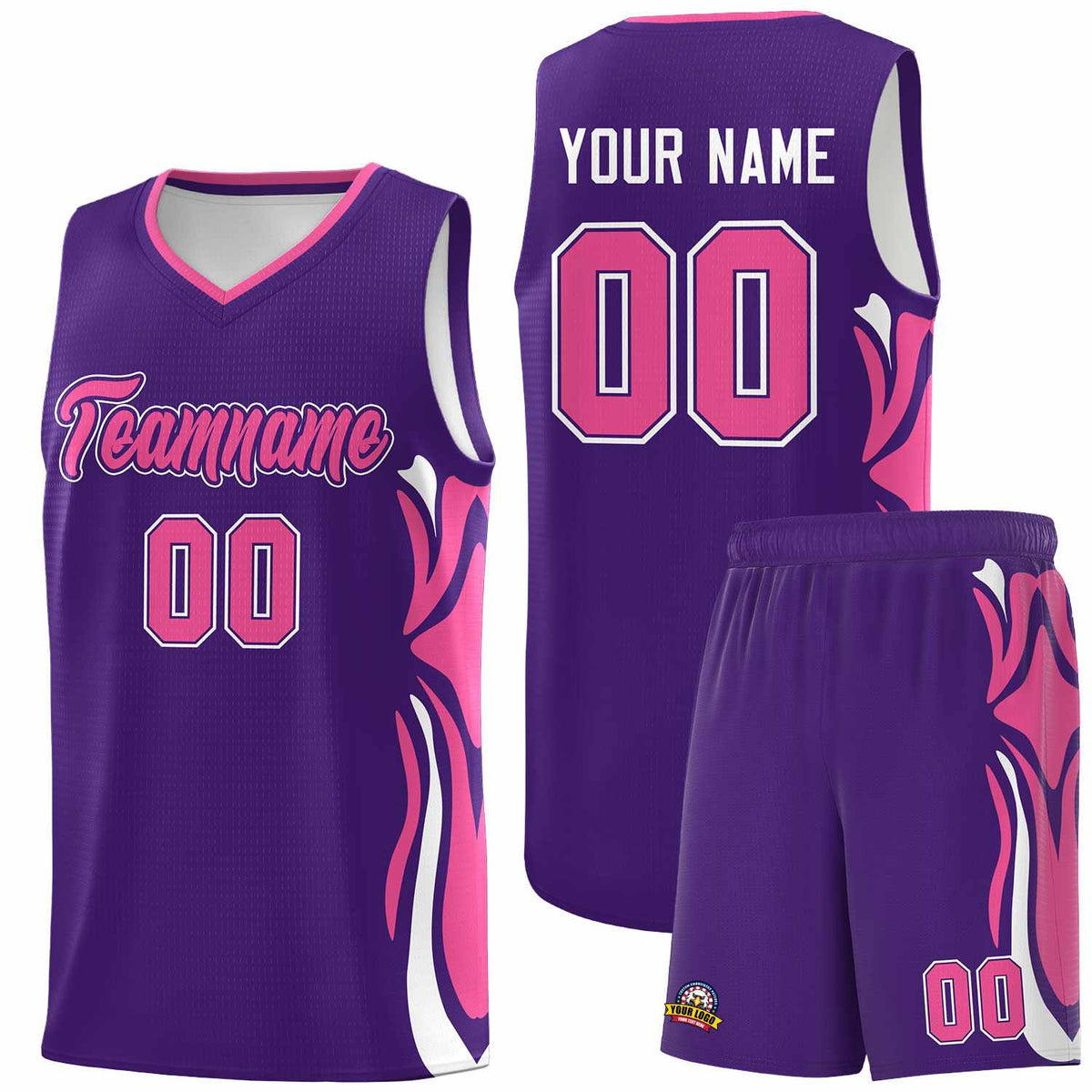 Custom Purple Pink-White Graffiti Pattern Side Curve Pattern Sports Uniform Basketball Jersey Sets