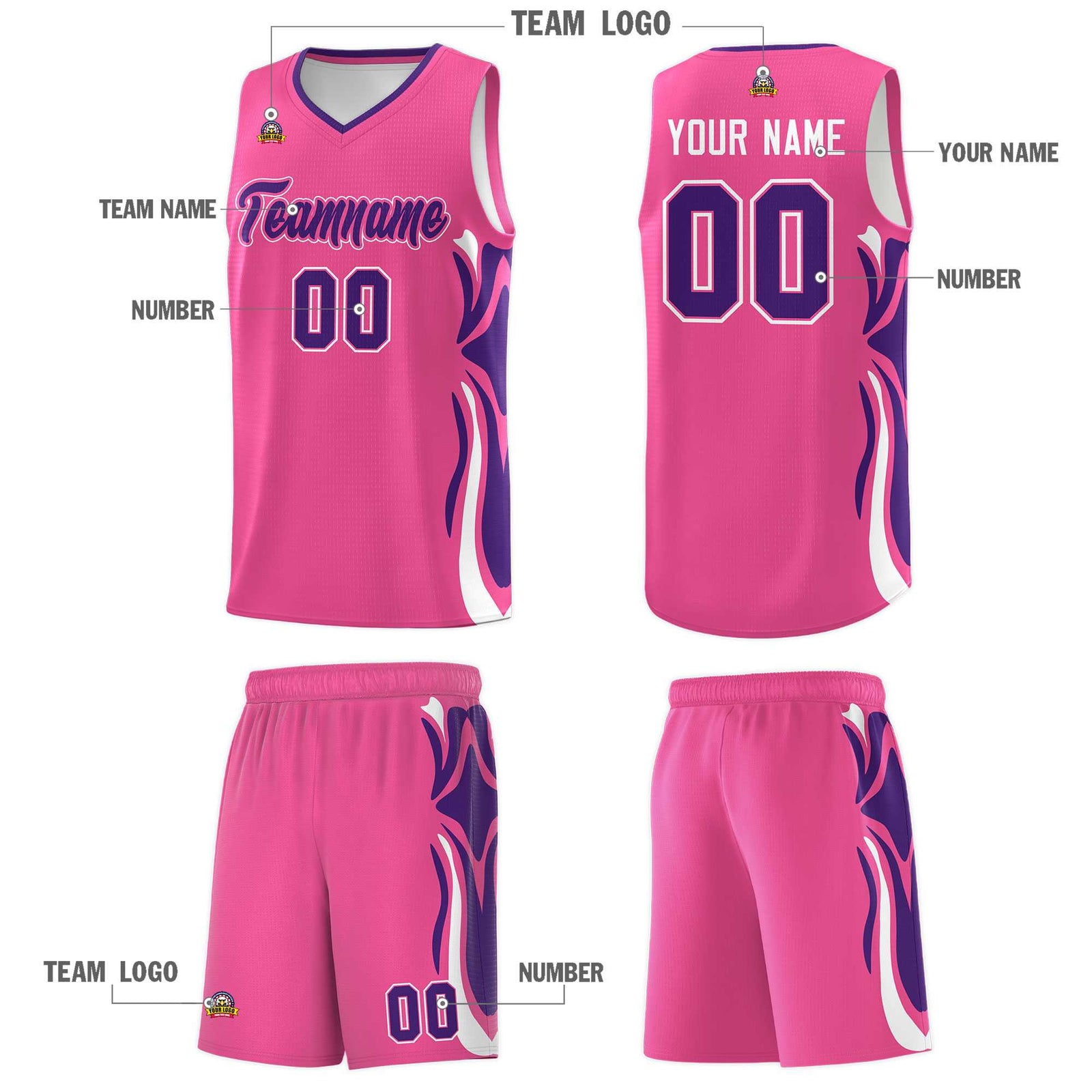 Custom Pink Purple-White Graffiti Pattern Side Curve Pattern Sports Uniform Basketball Jersey Sets