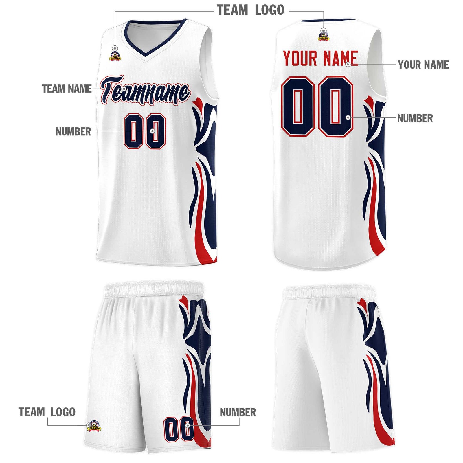 Custom White Navy-Red Graffiti Pattern Side Curve Pattern Sports Uniform Basketball Jersey Sets