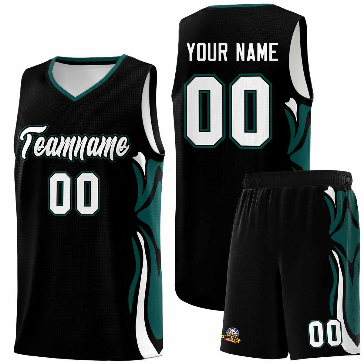 Custom Black White-Midnight Green Graffiti Pattern Side Curve Pattern Sports Uniform Basketball Jersey Sets