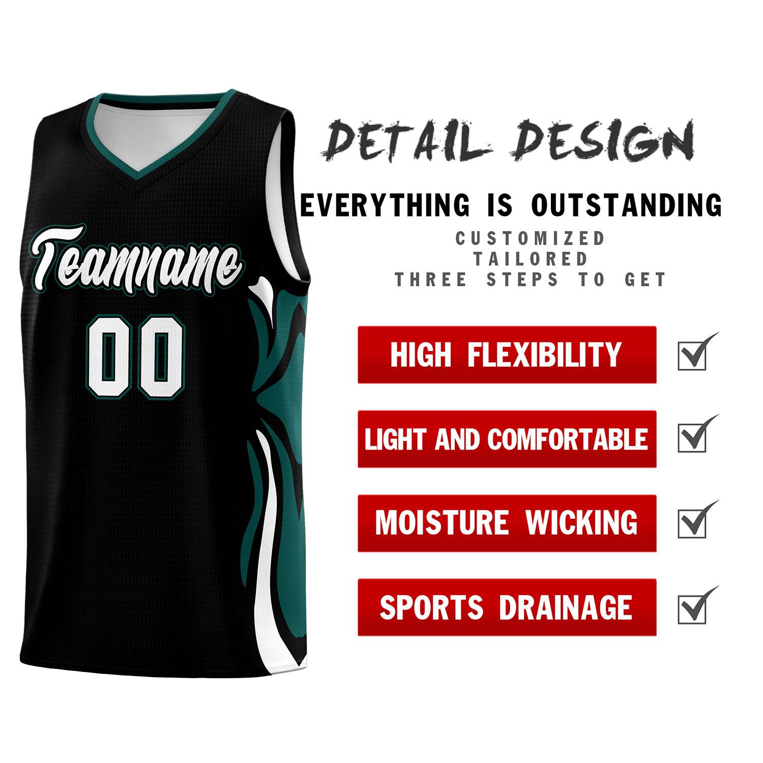 Custom Black White-Midnight Green Graffiti Pattern Side Curve Pattern Sports Uniform Basketball Jersey Sets