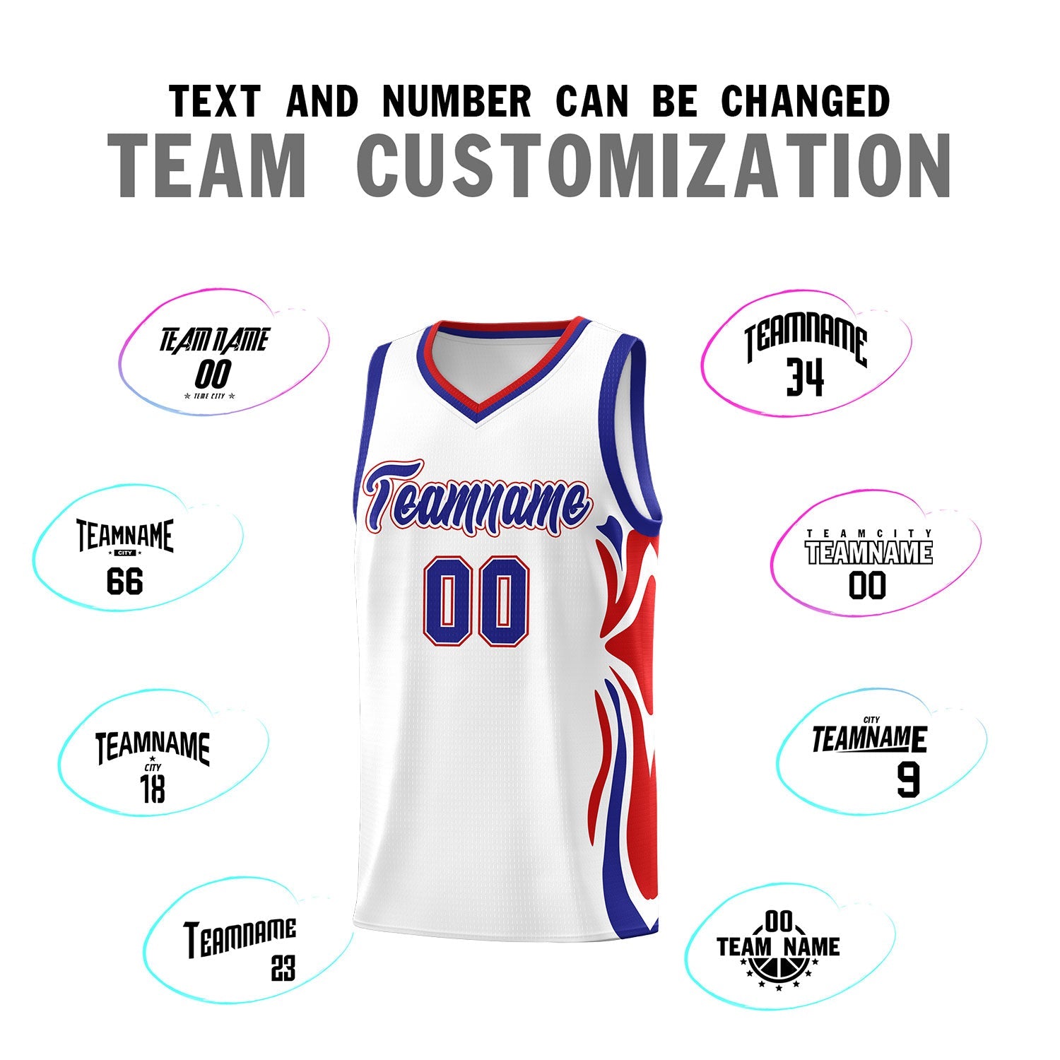 Custom White Royal-Red Graffiti Pattern Side Curve Pattern Sports Uniform Basketball Jersey Sets