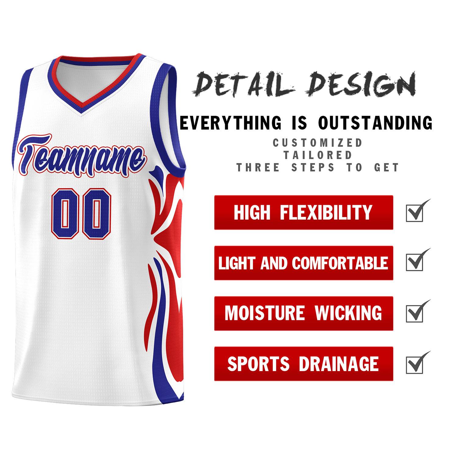 Custom White Royal-Red Graffiti Pattern Side Curve Pattern Sports Uniform Basketball Jersey Sets