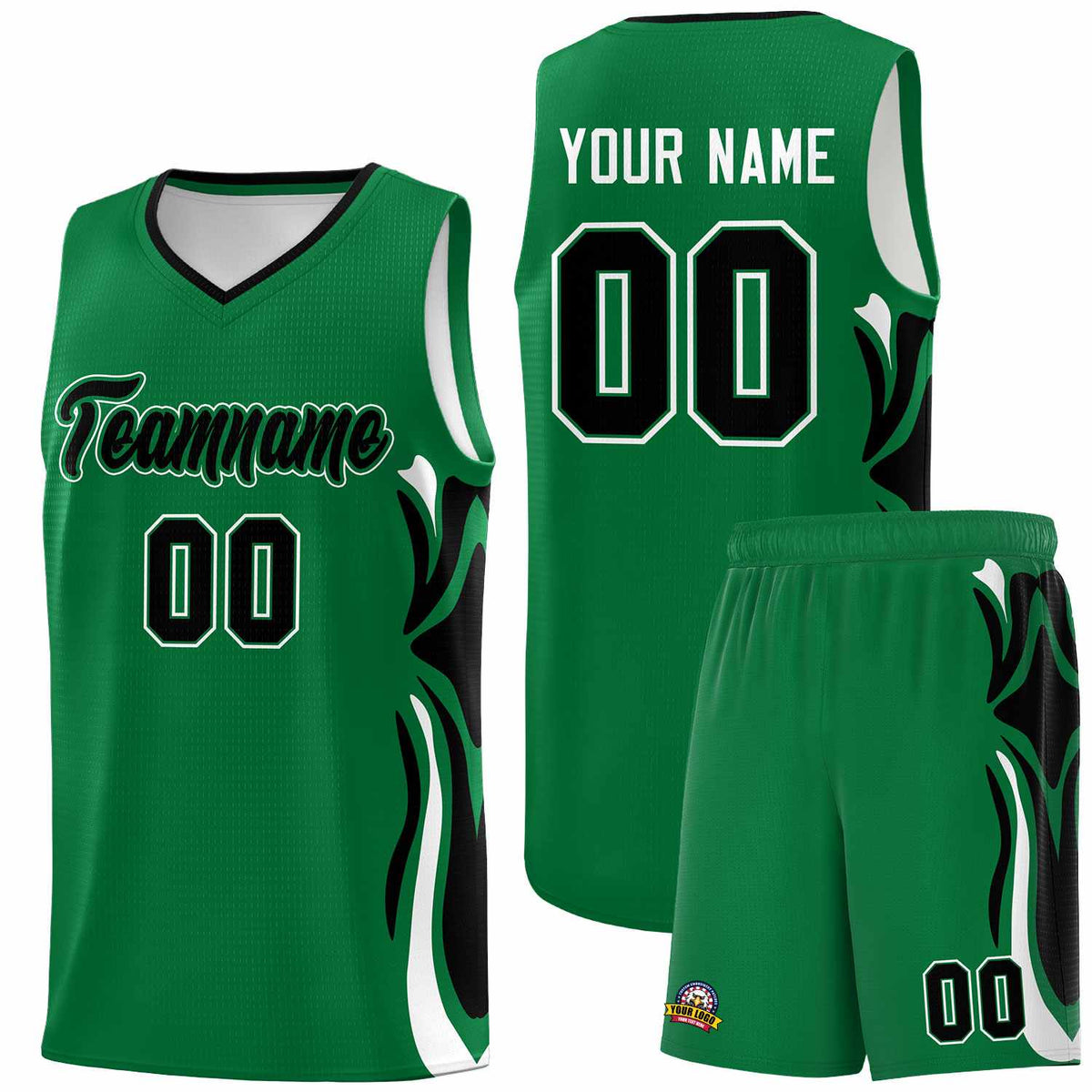 Custom Kelly Green Black-White Graffiti Pattern Side Curve Pattern Sports Uniform Basketball Jersey Sets