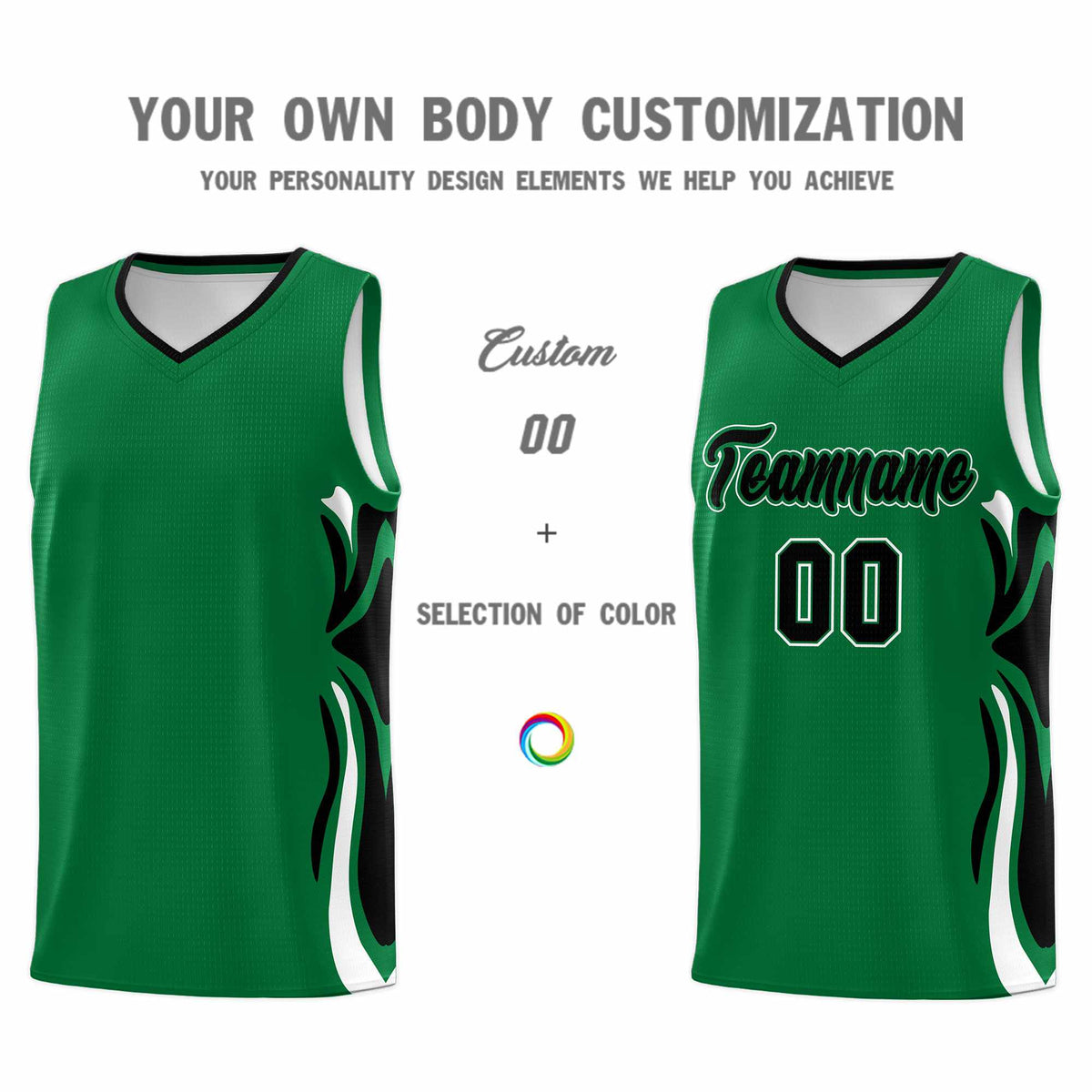 Custom Kelly Green Black-White Graffiti Pattern Side Curve Pattern Sports Uniform Basketball Jersey Sets