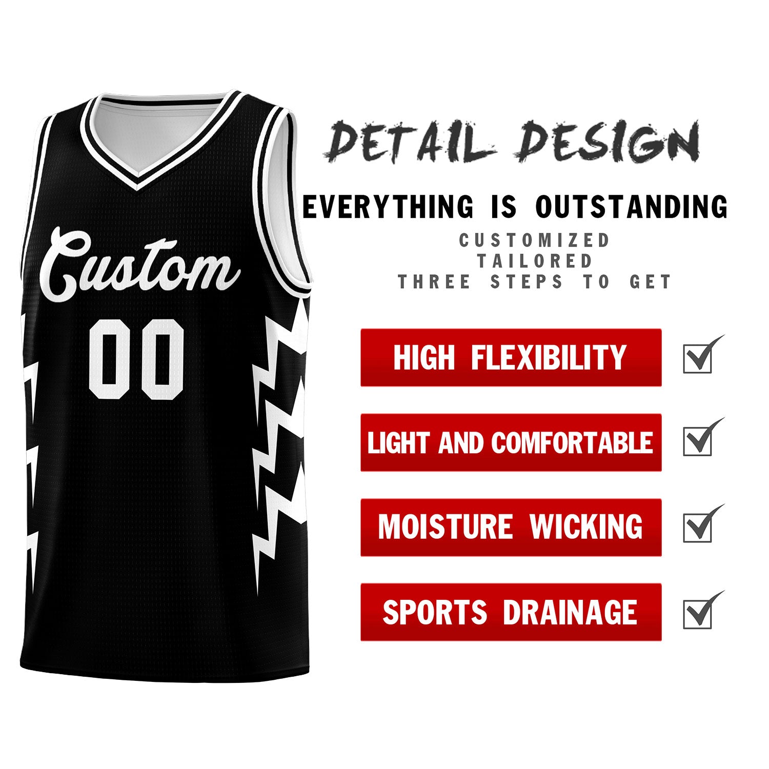 Custom Black Side Lightning Pattern Sports Uniform Basketball Jersey