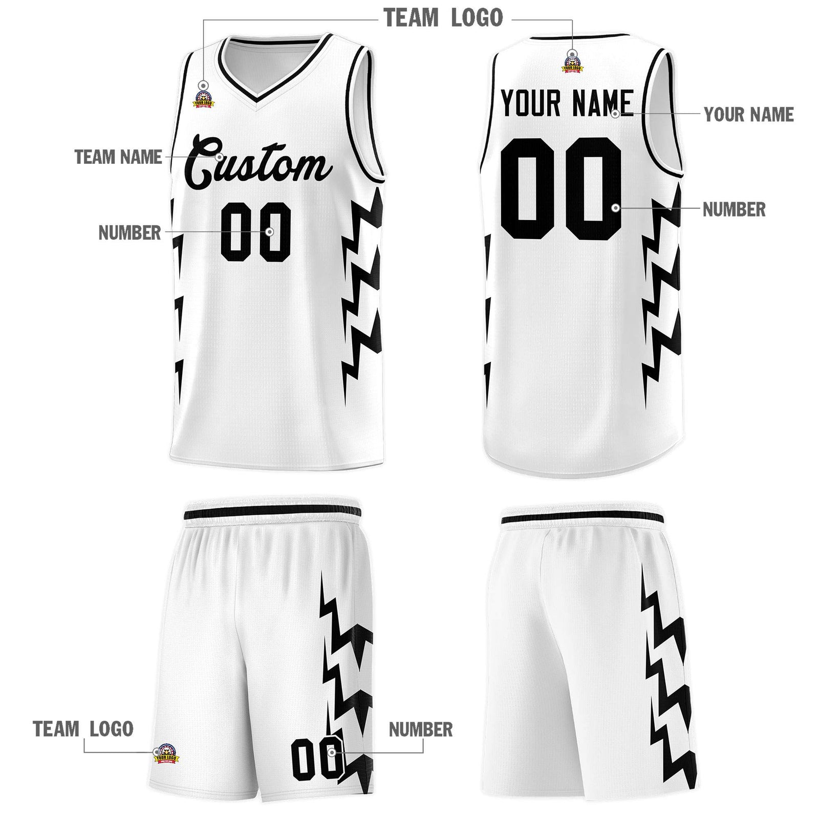 Custom White Side Lightning Pattern Sports Uniform Basketball Jersey