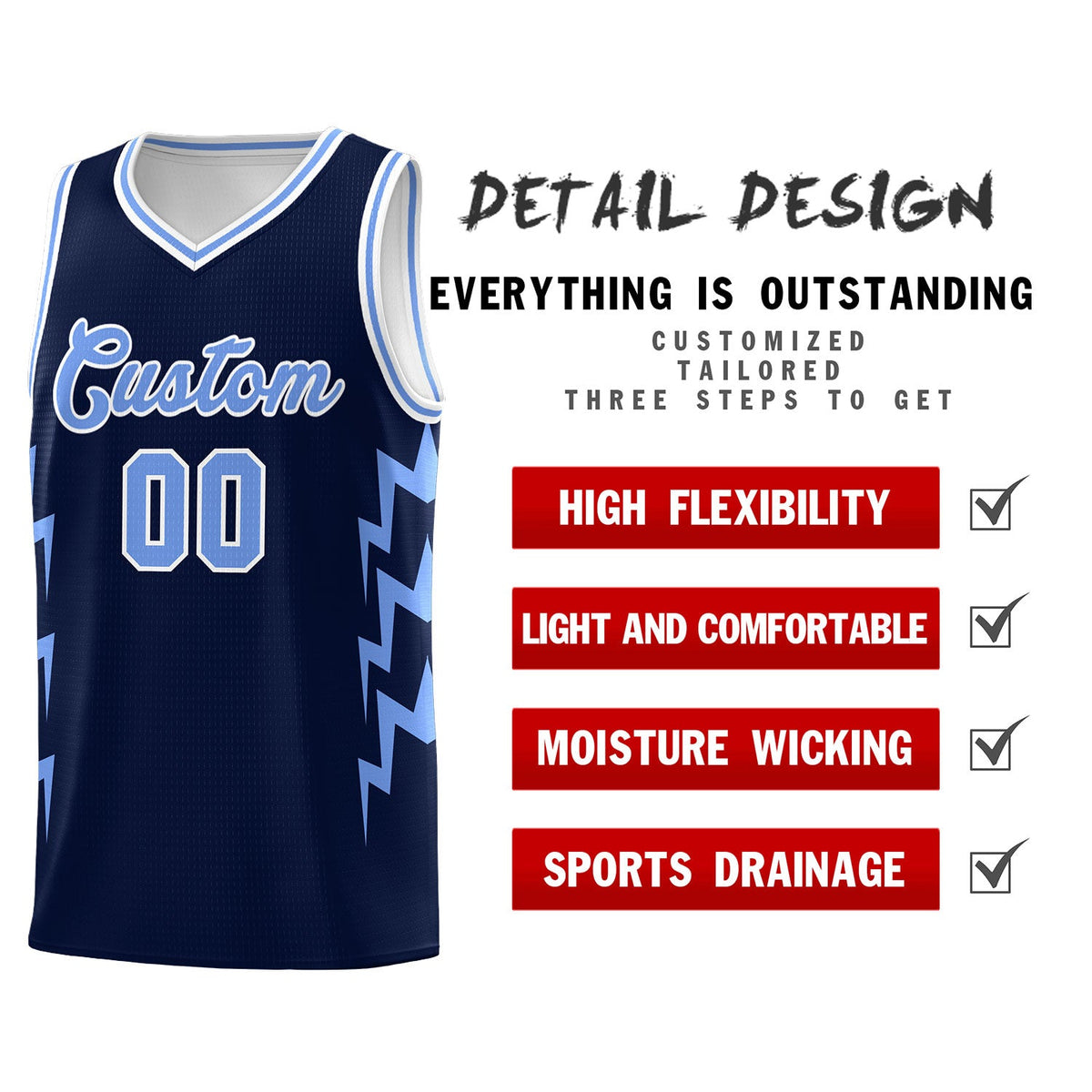 Custom Navy Side Lightning Pattern Sports Uniform Basketball Jersey