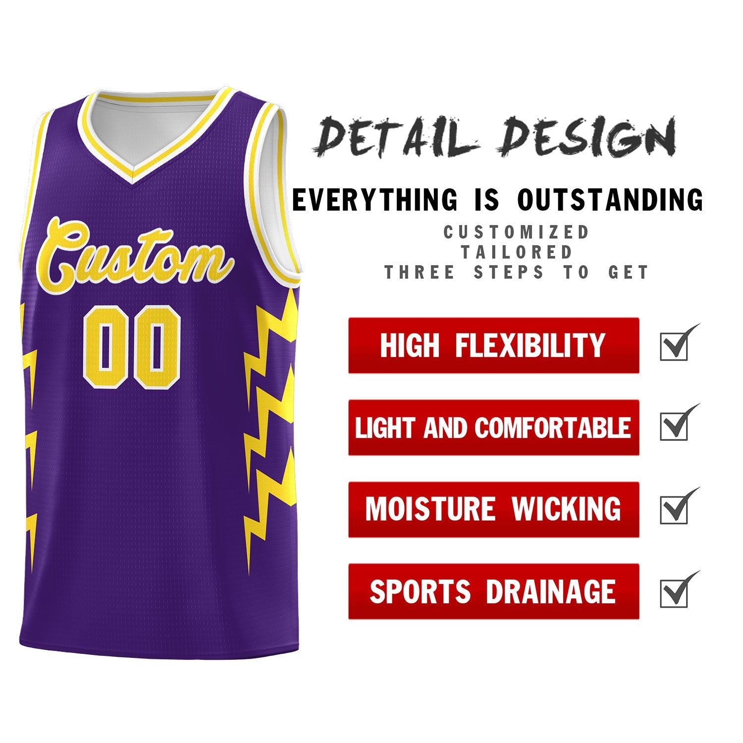 Custom Purple Side Lightning Pattern Sports Uniform Basketball Jersey