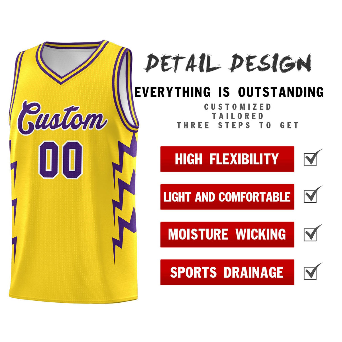 Custom Gold Side Lightning Pattern Sports Uniform Basketball Jersey