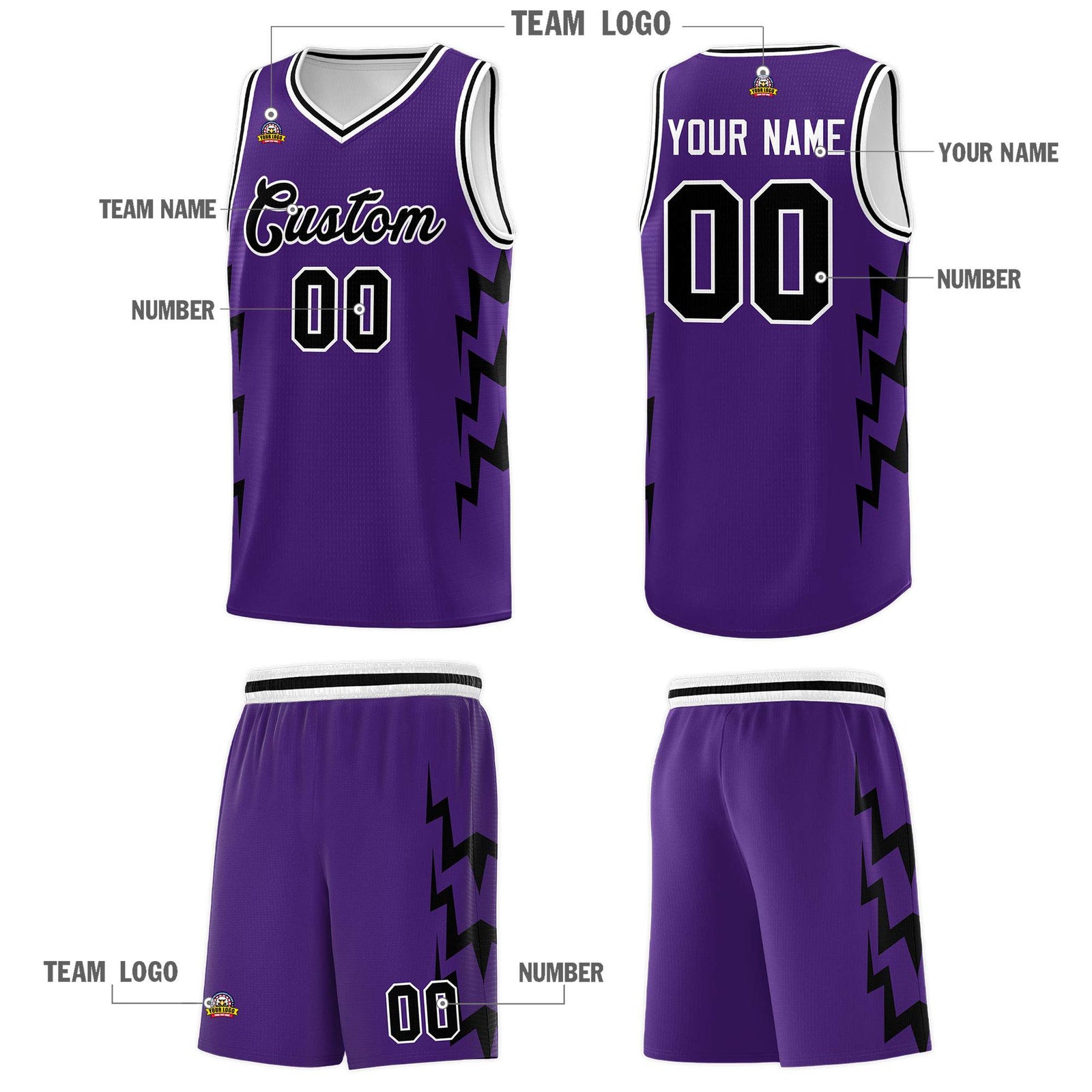 Custom Purple Side Lightning Pattern Sports Uniform Basketball Jersey