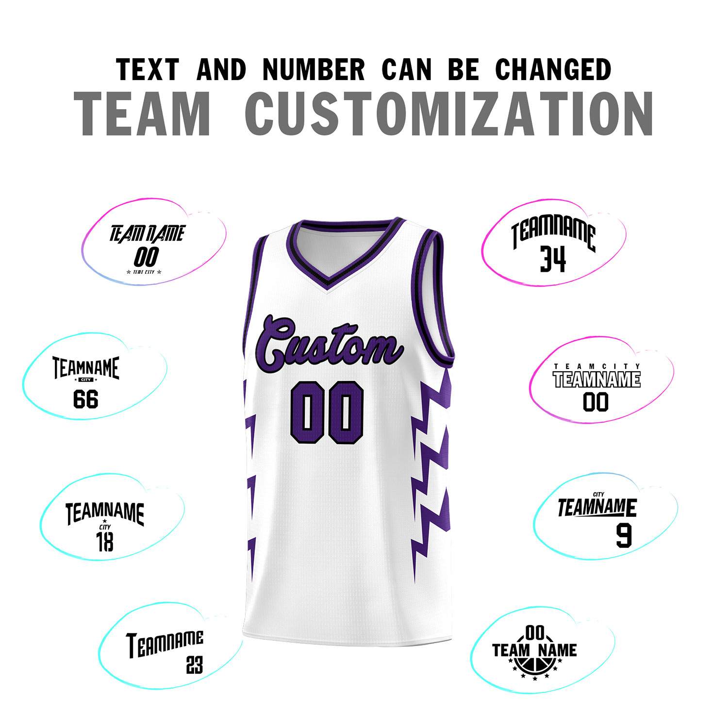 Custom White Side Lightning Pattern Sports Uniform Basketball Jersey