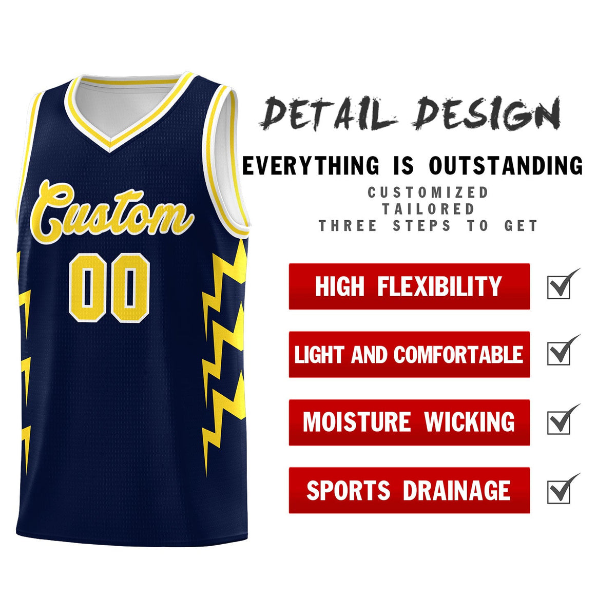 Custom Navy Side Lightning Pattern Sports Uniform Basketball Jersey