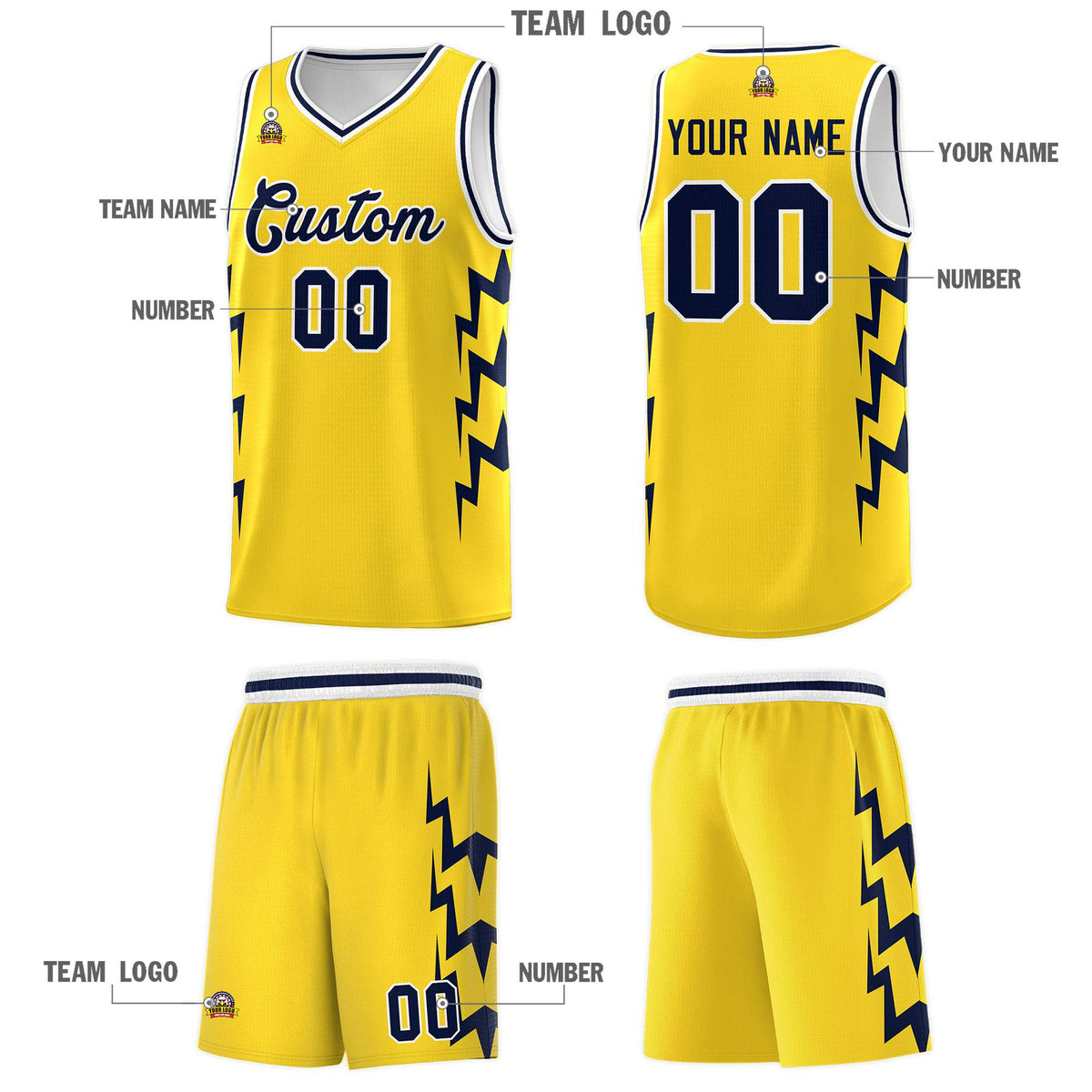 Custom Gold Side Lightning Pattern Sports Uniform Basketball Jersey