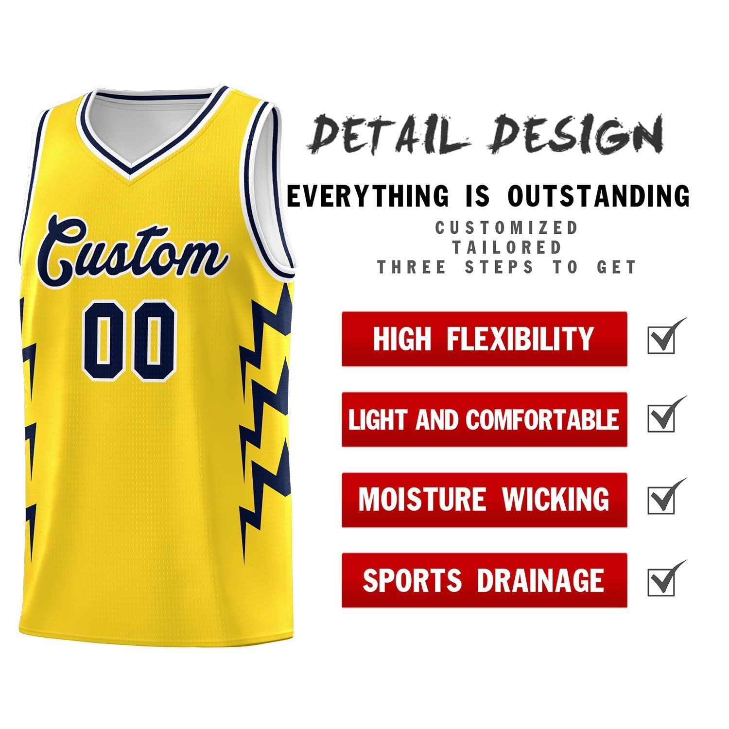 Custom Gold Side Lightning Pattern Sports Uniform Basketball Jersey