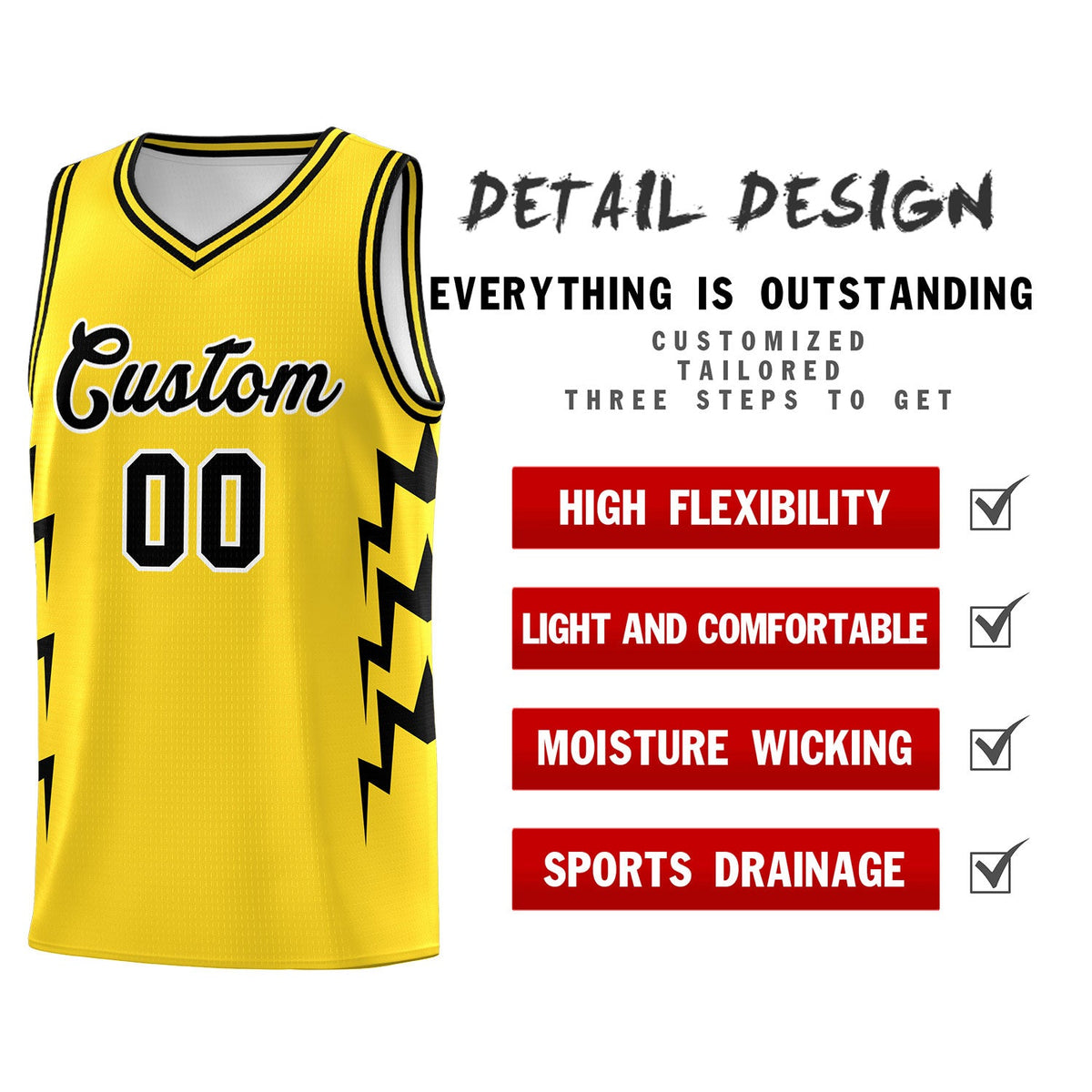 Custom Gold Side Lightning Pattern Sports Uniform Basketball Jersey