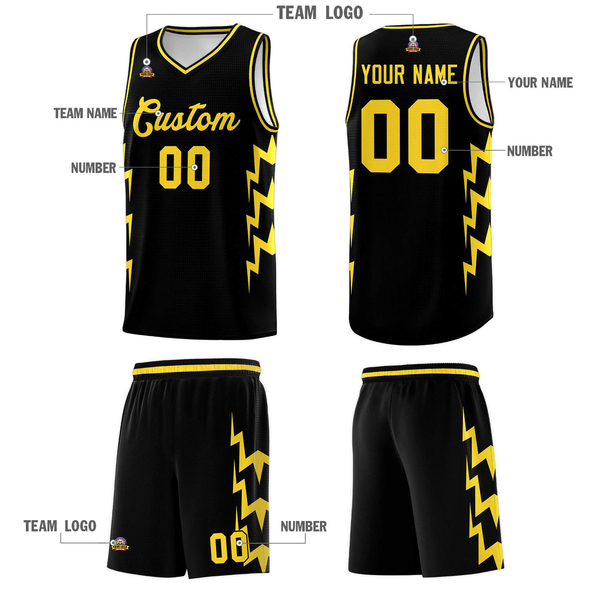 Custom Black Side Lightning Pattern Sports Uniform Basketball Jersey