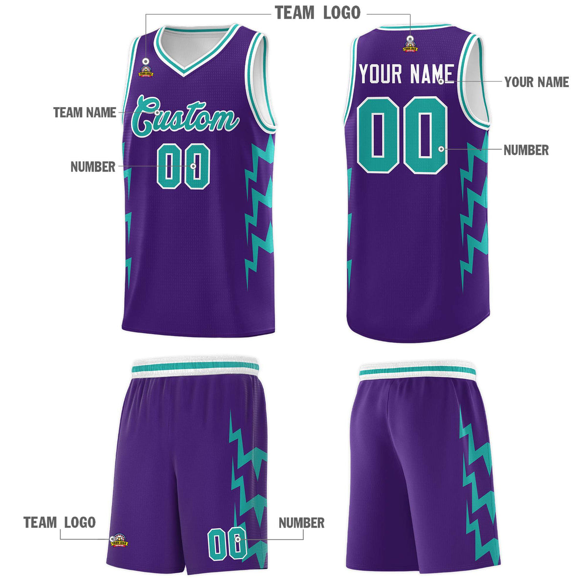 Custom Purple Side Lightning Pattern Sports Uniform Basketball Jersey