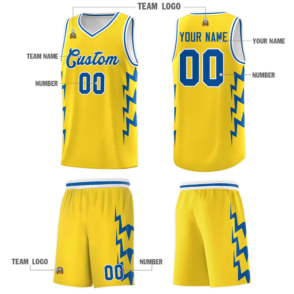 Custom Gold Side Lightning Pattern Sports Uniform Basketball Jersey
