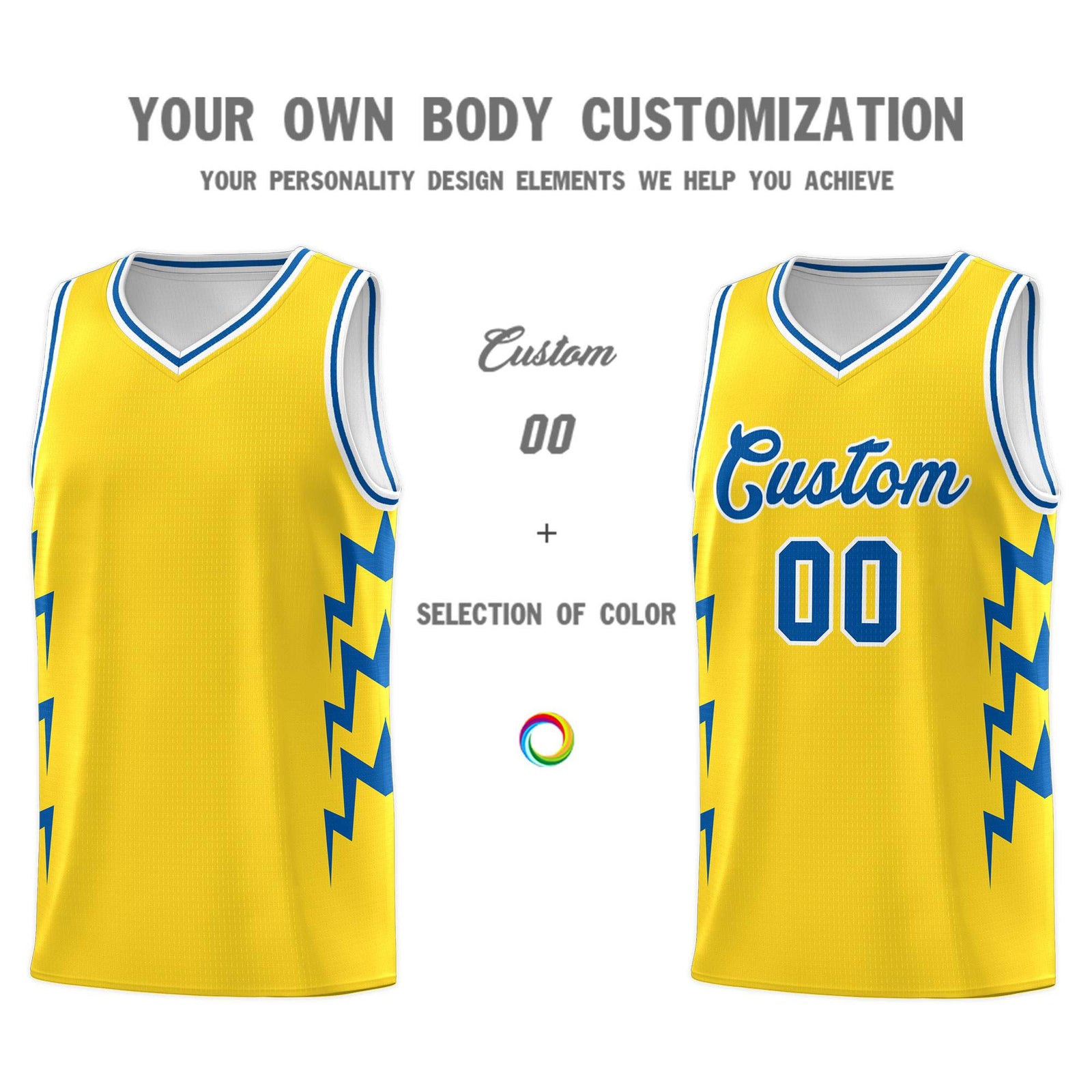 Custom Gold Side Lightning Pattern Sports Uniform Basketball Jersey