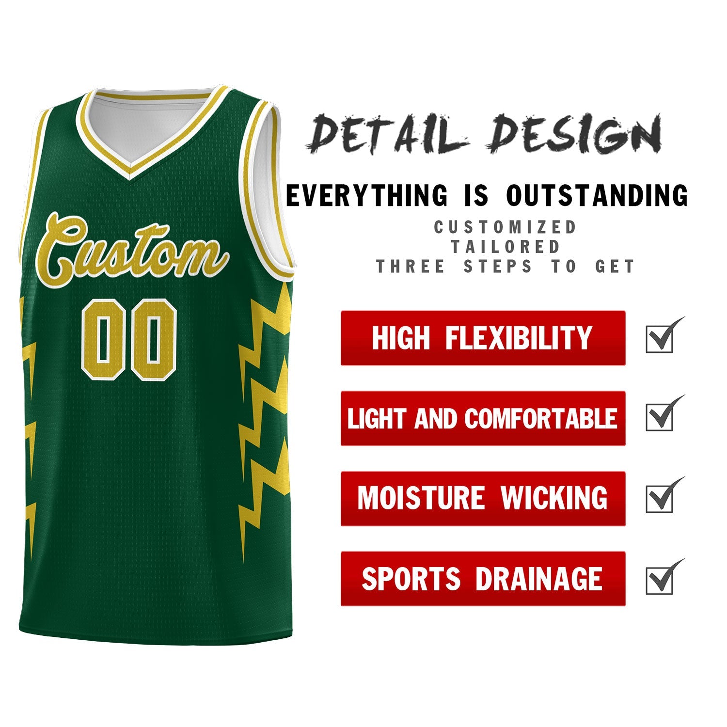Custom Hunter Green Side Lightning Pattern Sports Uniform Basketball Jersey