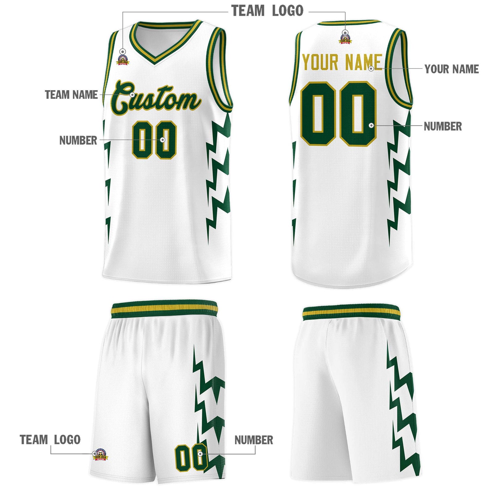 Custom White Side Lightning Pattern Sports Uniform Basketball Jersey
